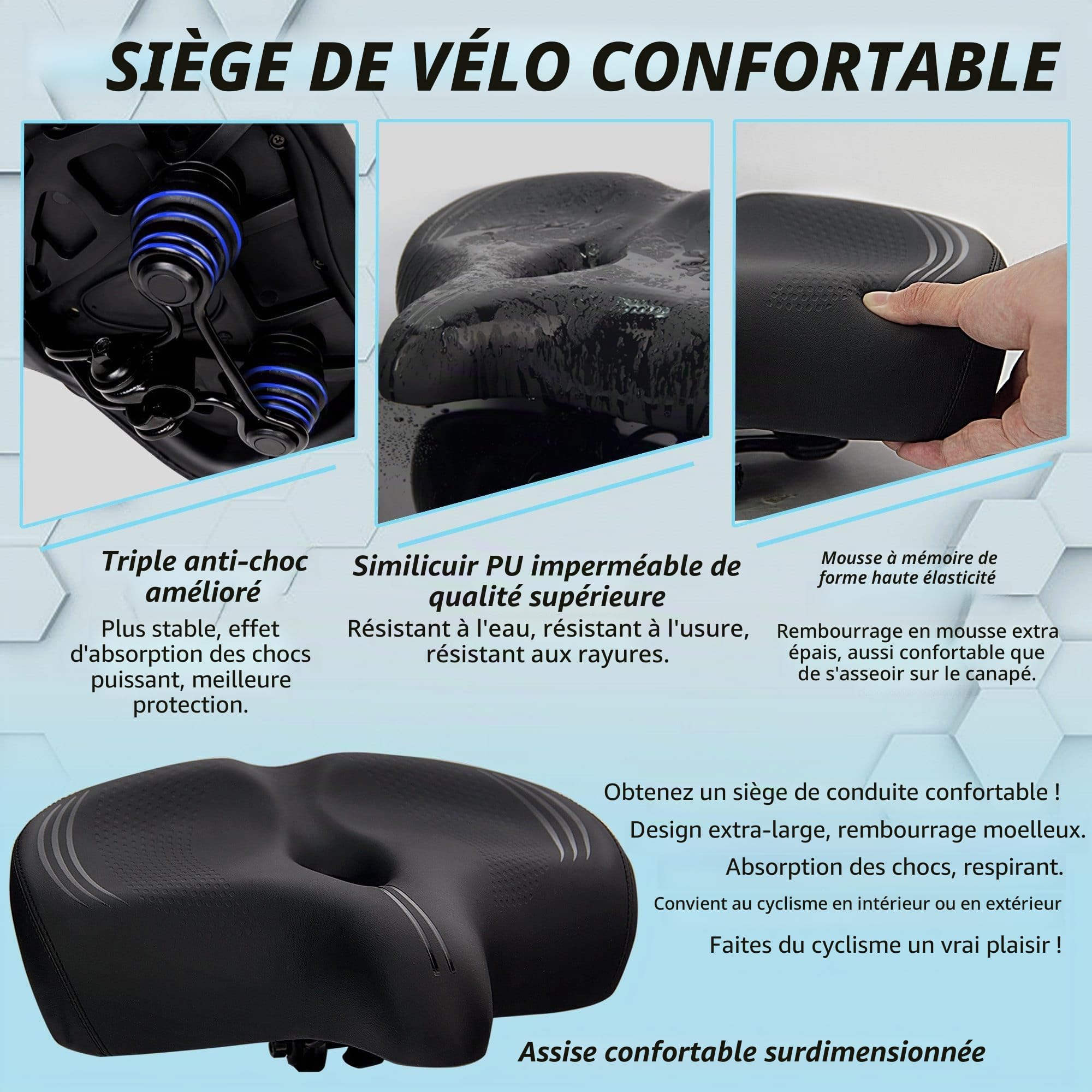 CDYWD Extra Large Selle de Velo Ultra Confortable, Selle Vélo Anti Douleur, Ergonomique, Homme Femme Selle Bike Life Confort, Selle Vélo pour Vélos Extérieurs et Intérieurs
