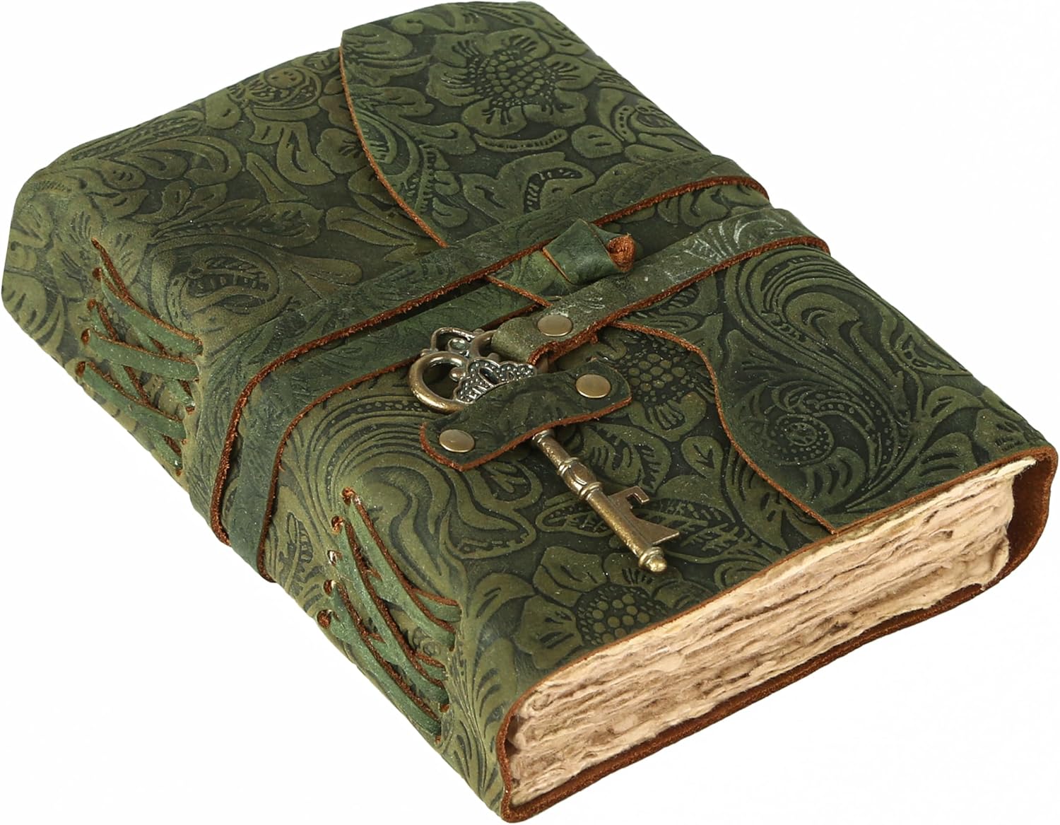 Hocus Pocus Halloween Leather Journal – 8x6" Handmade Witch Spellbook with Key Lock | Vintage Grimoire Notebook with Unlined Deckle Edge Paper | Gothic Gift for Witches & Wizards (Green)