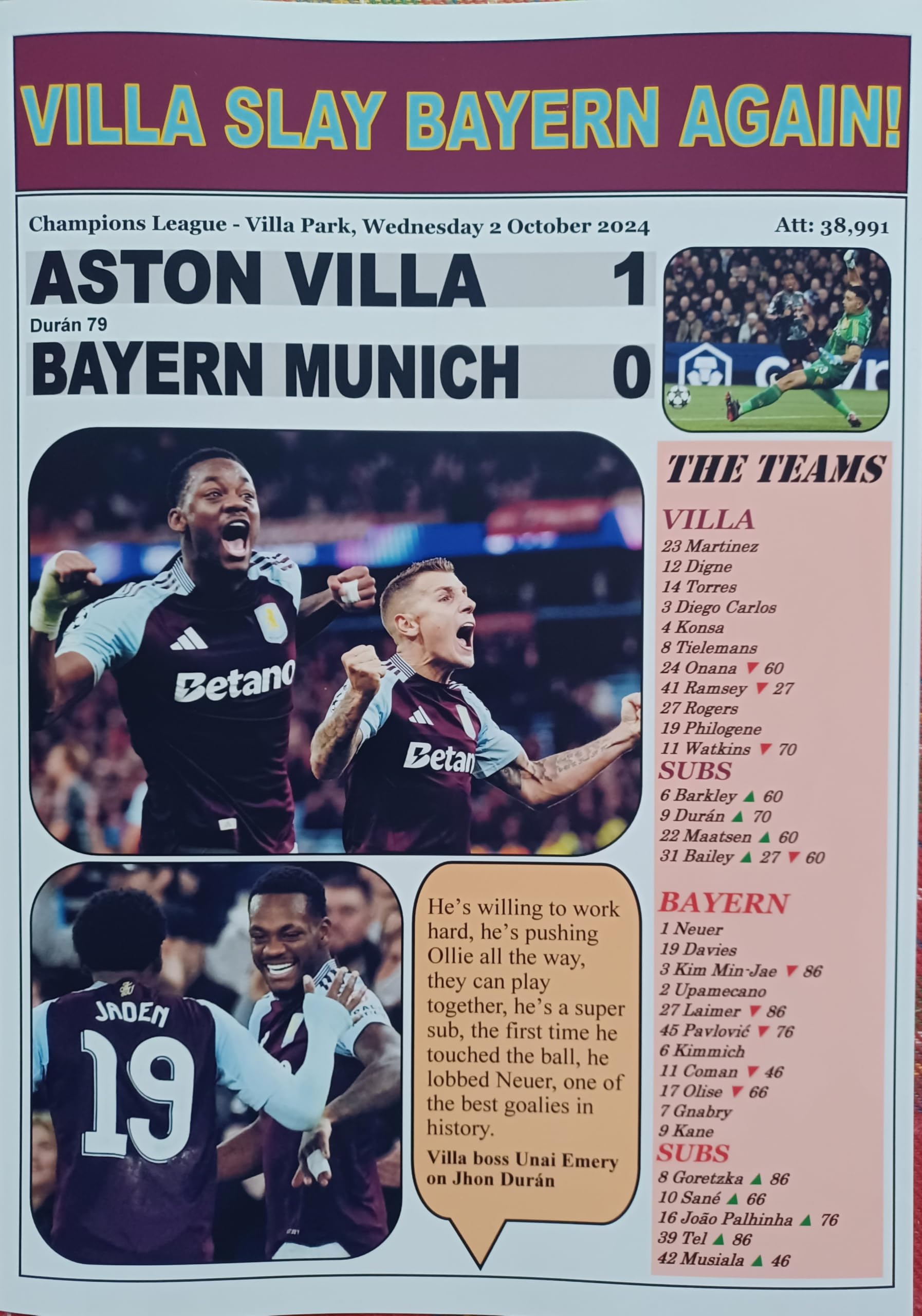 Assorted Multicoloured Aston Villa 1 Bayern Munich 0-2024 Champions League - Souvenir Print