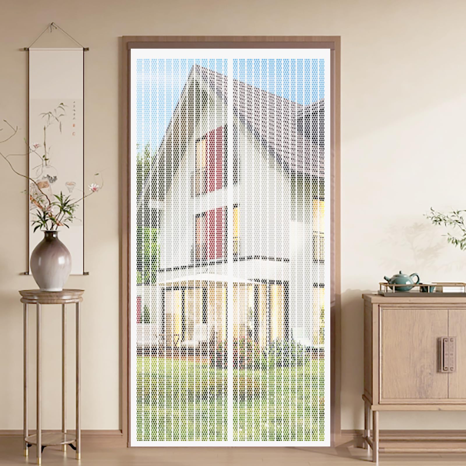 Honqgao White Fly Screens Doors Nets 88 X 176 Cm Heavy Duty Door Fly Screen With Powerful Magnets For Keeping Out Flies & Bug,