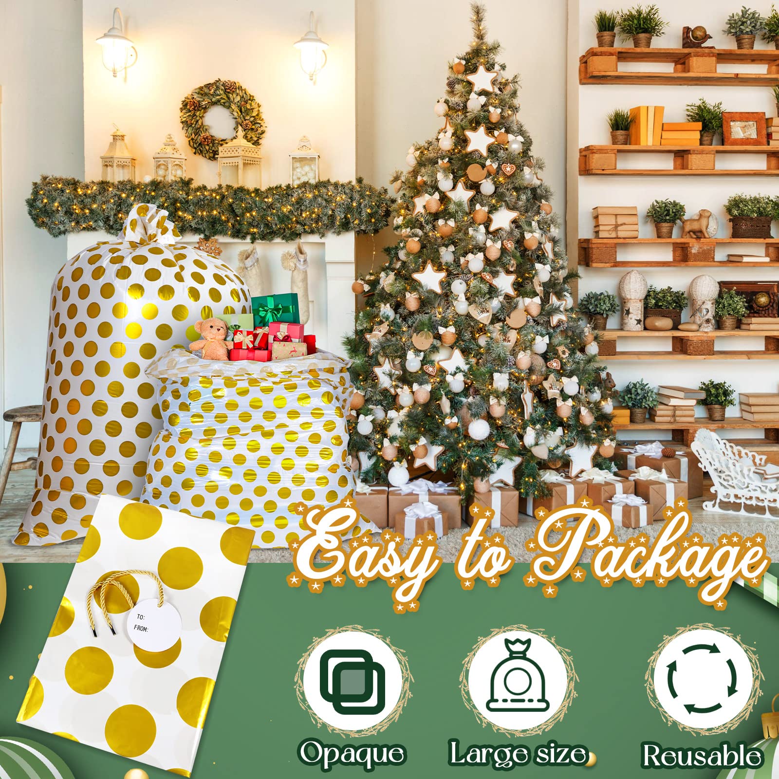 Sabary 2 Pcs 80 x 60 Inch Jumbo Bike Gift Bags Christmas Extra Large Plastic Giant Thicken Bicycle Bag White and Gold Dots Xmas Holiday Bags for Snack Treat Goodies Weddings Birthdays Engagement Party