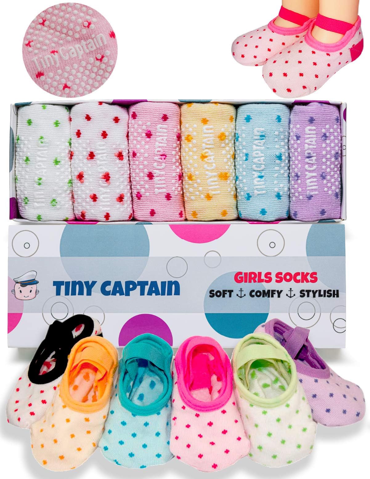 Tiny Captain Baby Toddler Girls Grip Socks Anti Slip w/Strap Socks Girl 0-7 Years Old Gift Set Age 1-7 Socks With Grippers