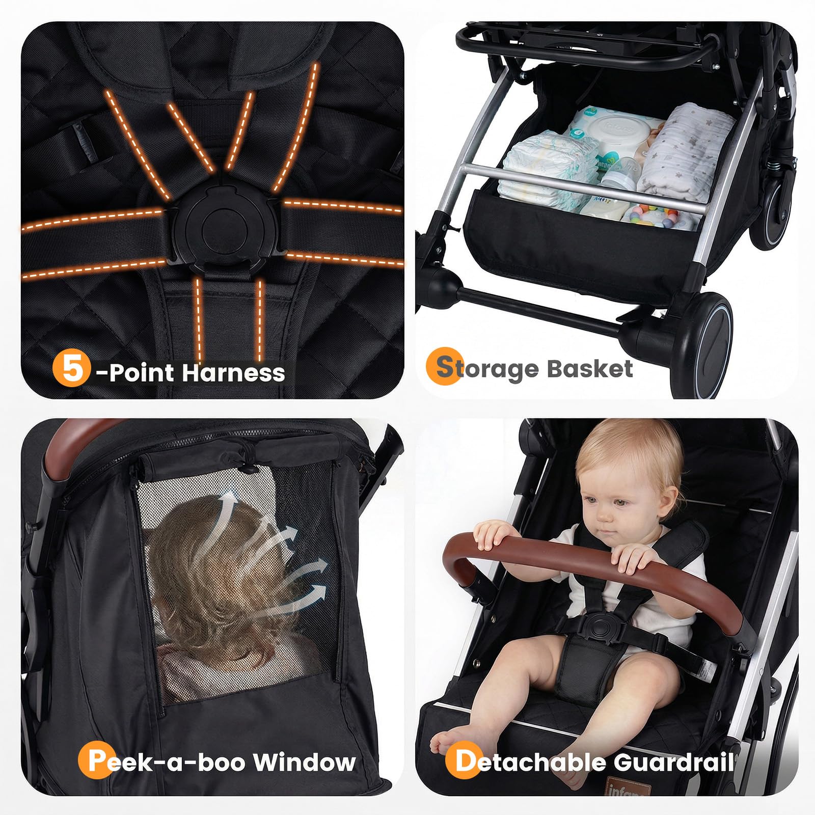 INFANS Travel Stroller, Lightweight Compact Baby Stroller for Airplane with One-Hand Fold, Multi-Position Recline, Canopy, 4 Wheel Suspension, Storage Basket (Grey+Silver) — view 6
