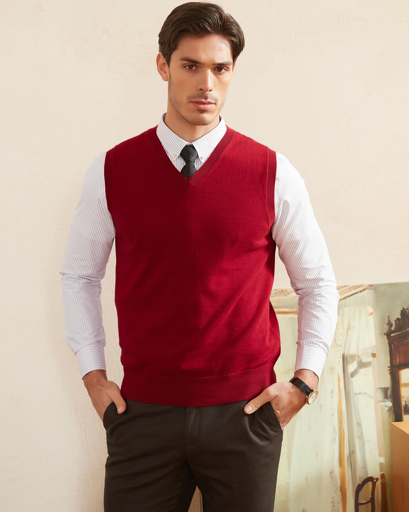 Kallspin Hommes Gilets en Coton sans Manches Col en V Gilets tricotés Pull-Over Relaxed Fit Sweater Vest