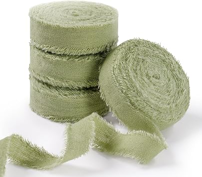 Natural Rustic Cotton Ribbon with Frayed Edge, Sage Green 100% Cotton Ribbon 1.6cmx 22m for Vintage Wedding Bouquets,Invitations,Baby Shower,Gift Wrapping,DIY Crafts,Home Decor