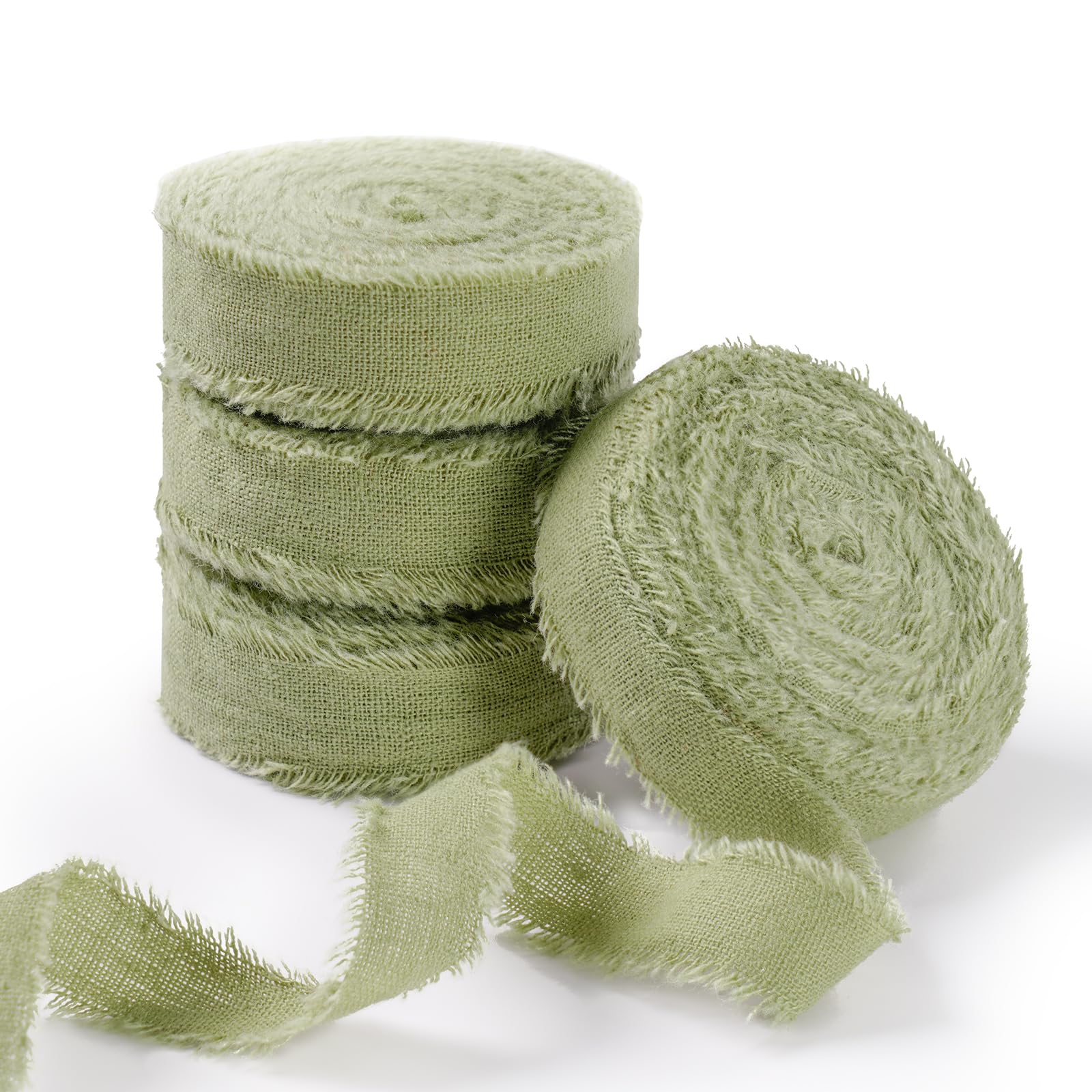 FAKILO Natural Rustic Cotton Ribbon with Frayed Edge, Sage Green 100% Cotton Ribbon 5/8"x 24yds for Vintage Wedding Bouquets,Invitations,Baby Shower,Gift Wrapping,DIY Crafts,Home Decor