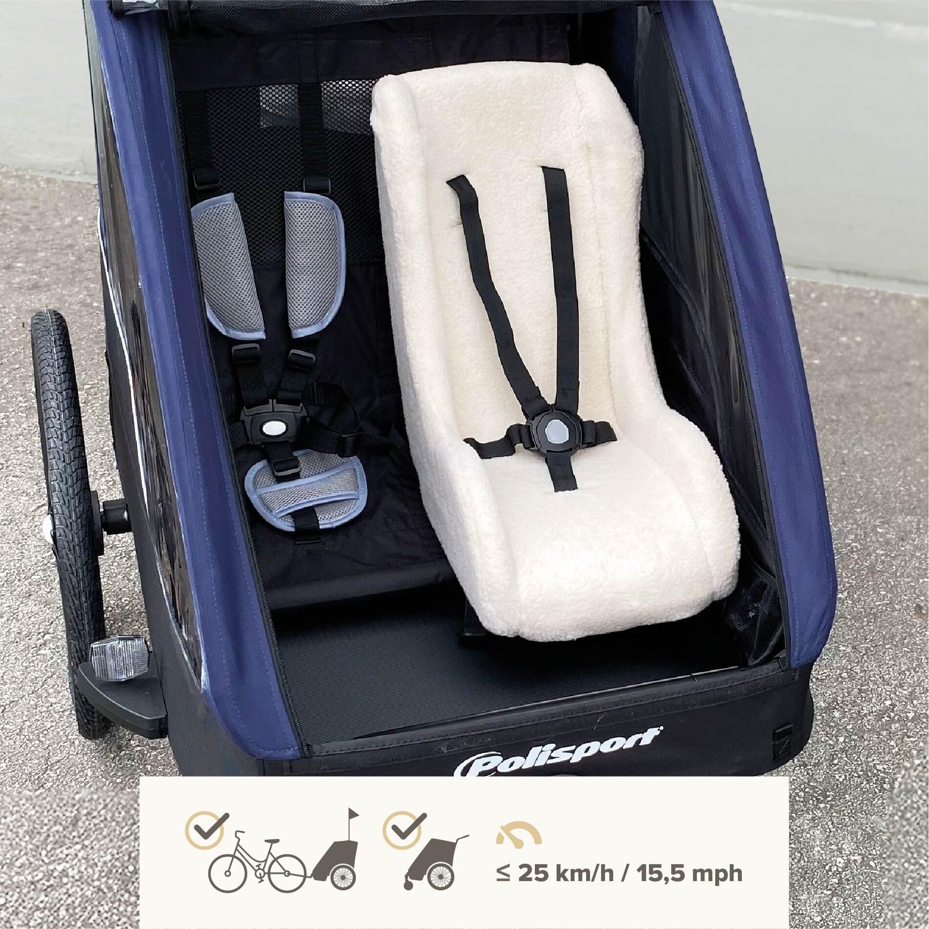POLISPORT 8015000021 – Mini Pelican Fleece Riduttore Seduta Bebè con Cintura a 5 Punti per Rimorchio, Passeggino e Bici Cargo – Caldo, Sicuro e Compatibile per Bambini da 7 a 18 Mesi, Bianco