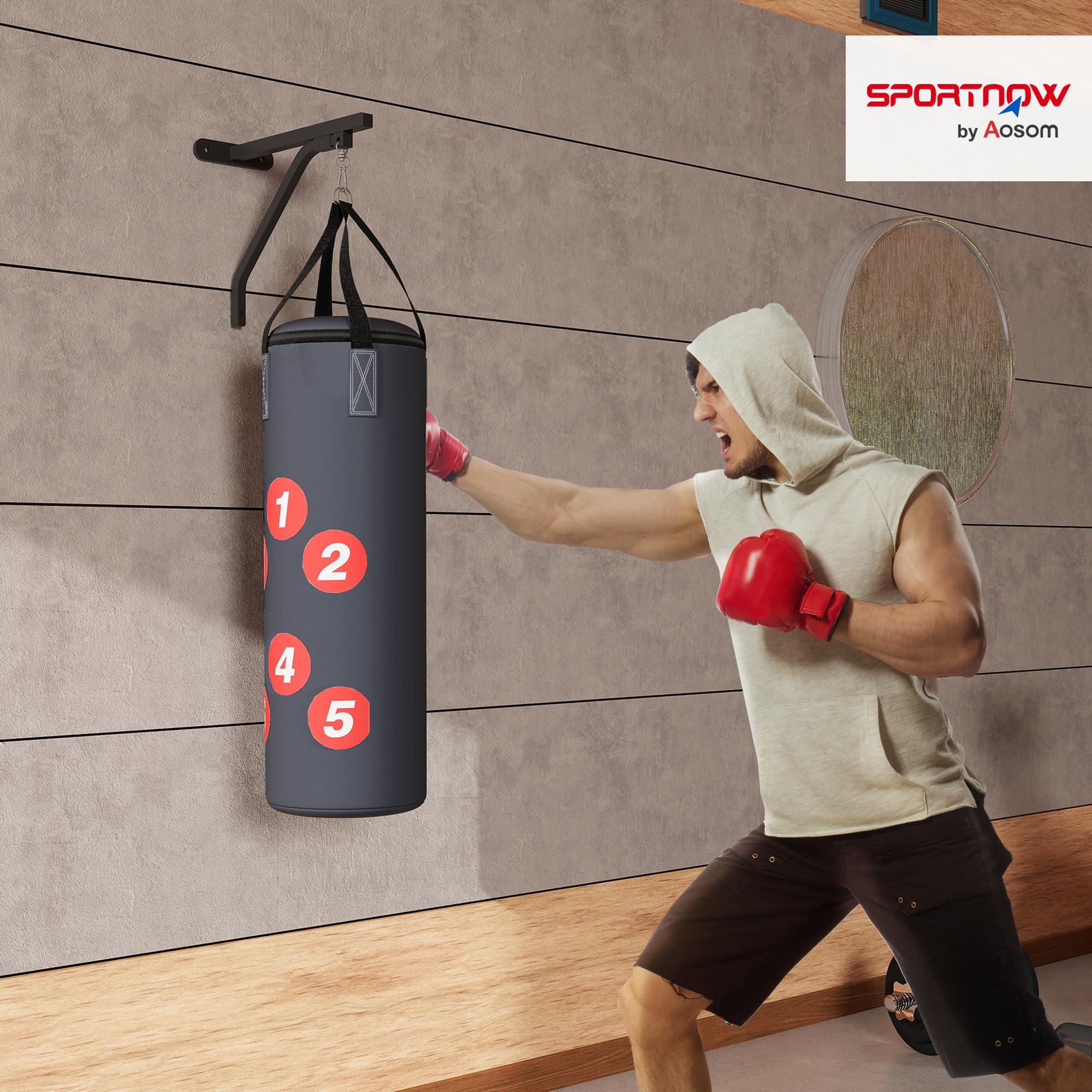 SPORTNOW Sac de Frappe Sac de Boxe Non rempli avec Support Mural, Sac Lourd avec Gants, Bandes pour Les Mains et Crochet pivotant à 360° - pour MMA, Kickboxing, karaté, entraînement à Domicile