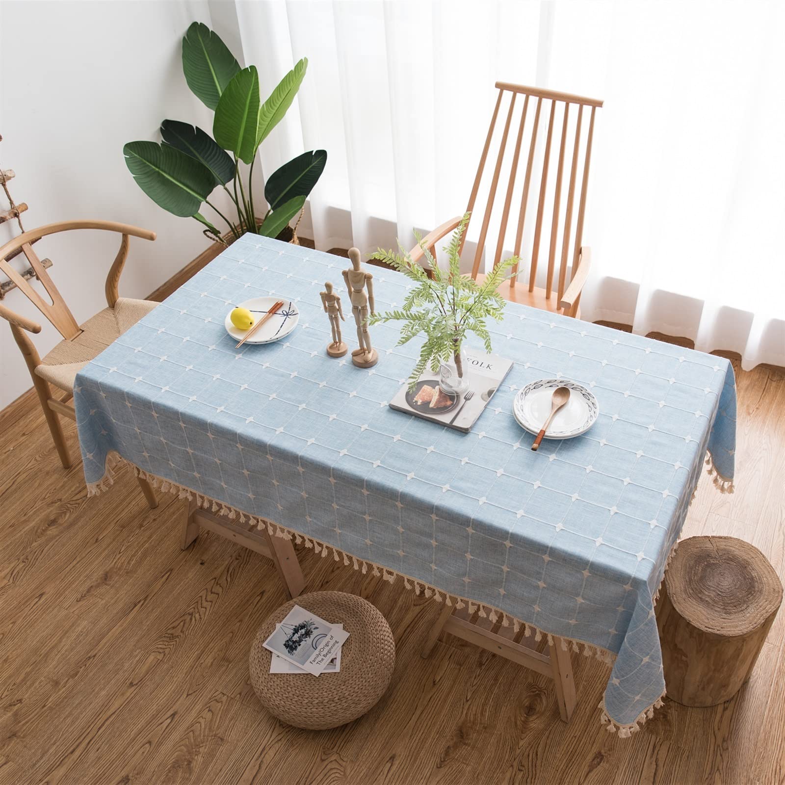 Japan Style Cotton Linen Obrus ​​Niebieskie Paski Chusta Haftowane Prostokątny Stół Obrus ​​Dekoracje Kuchenne Domu Tabeli Pokrywy(Light Blue,110x110cm)