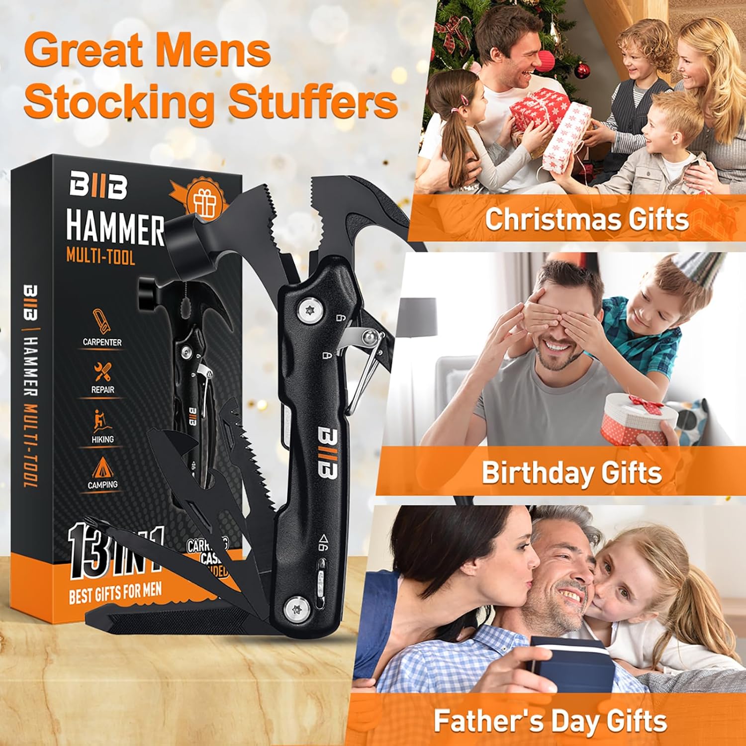 BIIB Gifts for Men, 13 in 1 Hammer Multitool Camping Accessories, Mens Gifts for Dad Him Boyfriend, Anniversary Birthday Gifts for Men Who Have Everything, Camping Survival Gear, Cool Gadgets