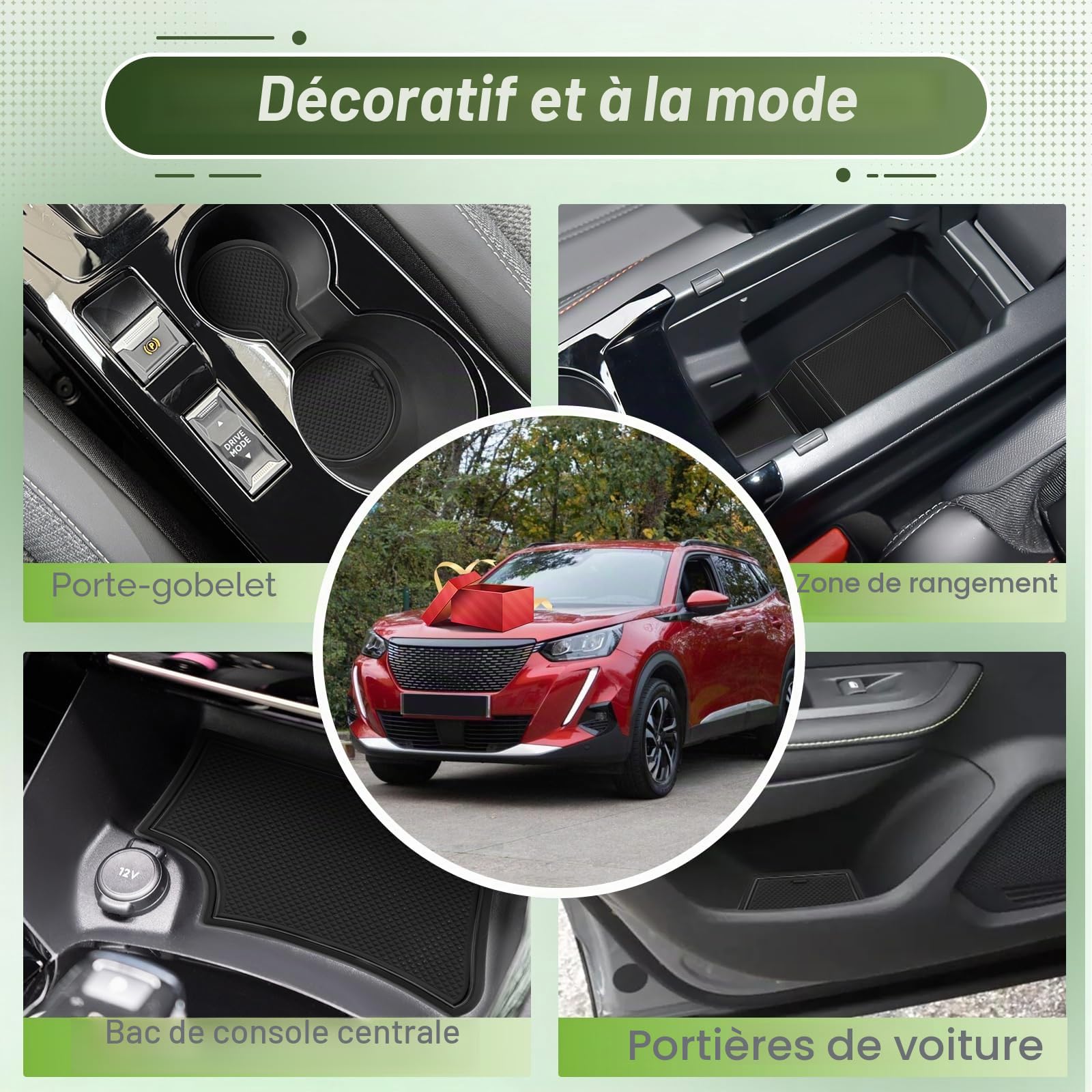 Tapis Anti-dérapant pour Peugeot 2008 E-2008 2020-2025 – Tapis en Caoutchouc Original pour Console Centrale, Porte-gobelets, Fente de Porte, Compatible avec Peugeot 2008 GT Line (Noir)