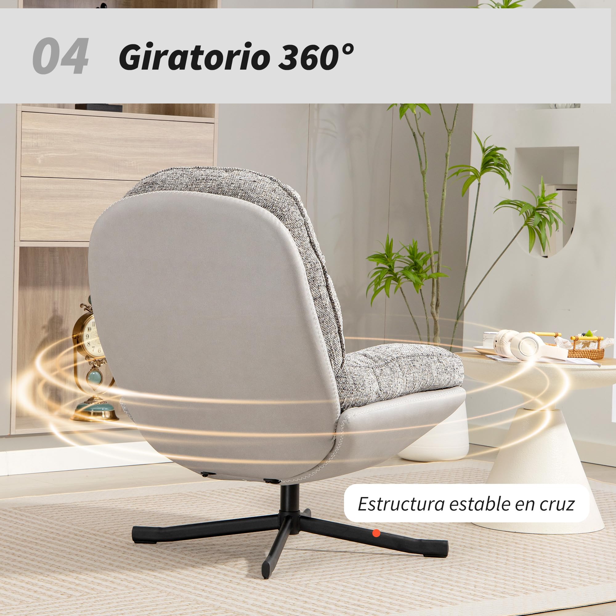 HOMCOM Sillón Giratorio Moderno, Butaca de Salón con Base Cruz, Tapizado en Chenilla y Cuero PU, Asiento Ancho Doble, Patas de Acero y Reposabrazos, Sillón Relax para Sala de Estar, Dormitorio, Gris