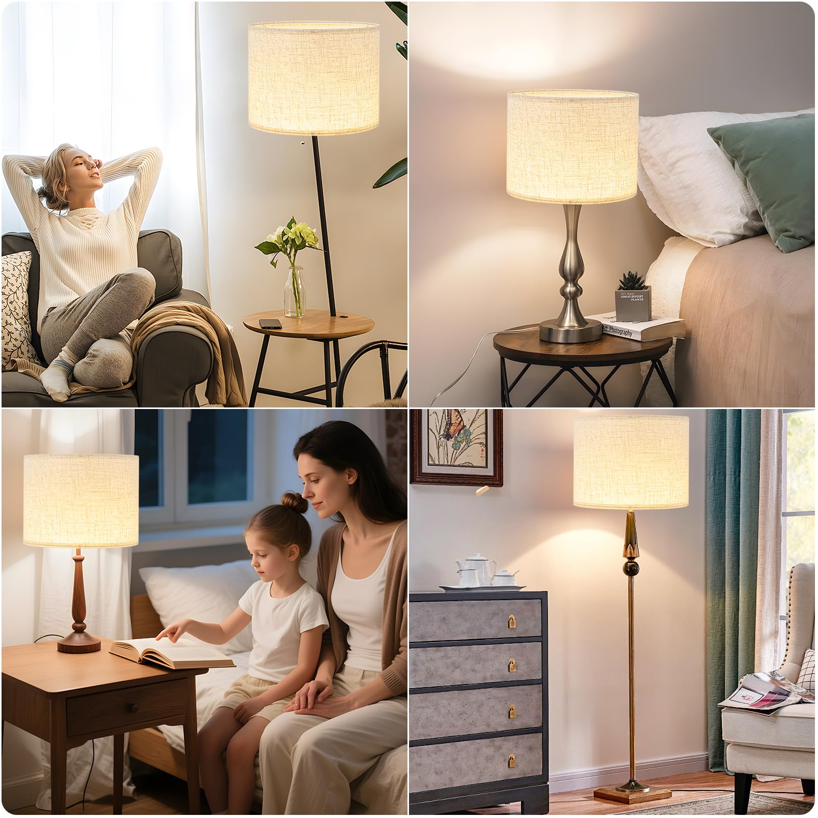 Lot de 4 abat-jours en lin beige pour lampes de table, 33 cm de haut x 33 cm de bas x 25,4 cm de haut, grand abat-jour de rechange en tissu pour lampadaires et montage araignée, assemblage facile