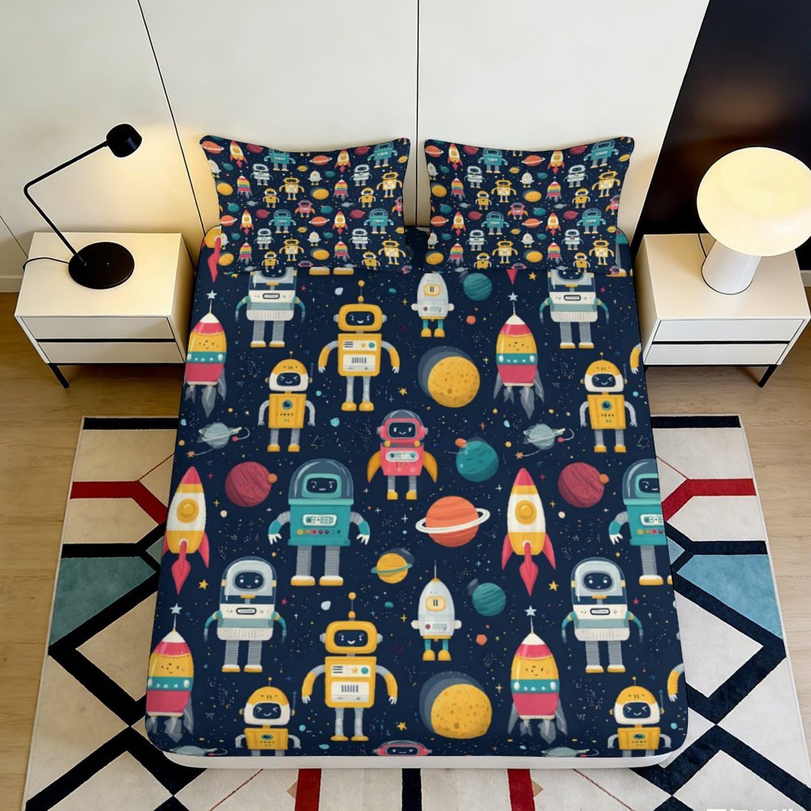 3D Printed Robot Space Fitted Sheet Microfiber Soft Anti-Slip Rocket Planet Mattress Cover for Bedroom Guest Room Decor 160x200x25cm