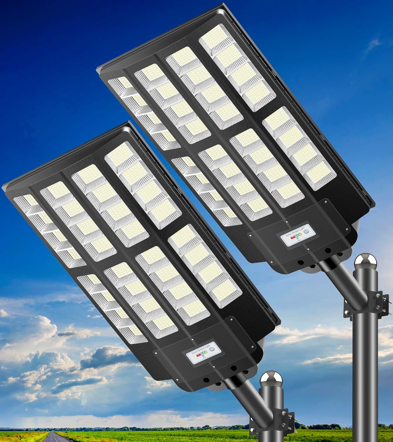 8000W Solar Street Lights Outdoor: Commercial Solar Parking Lot Lights with Motion Sensor and Remote Control, IP66 Waterproof, Wide Angle Dusk to Dawn Outdoor Lighting, Large Dimension, 2 Pack