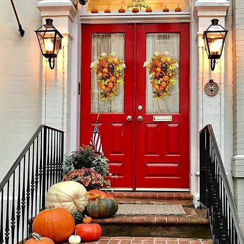 Miniatura 3 de YULETIME Botín decorativo de lágrima preiluminado de 24 pulgadas, guirnalda temática de otoño a pilas con luces de hadas, calabaza pequeña