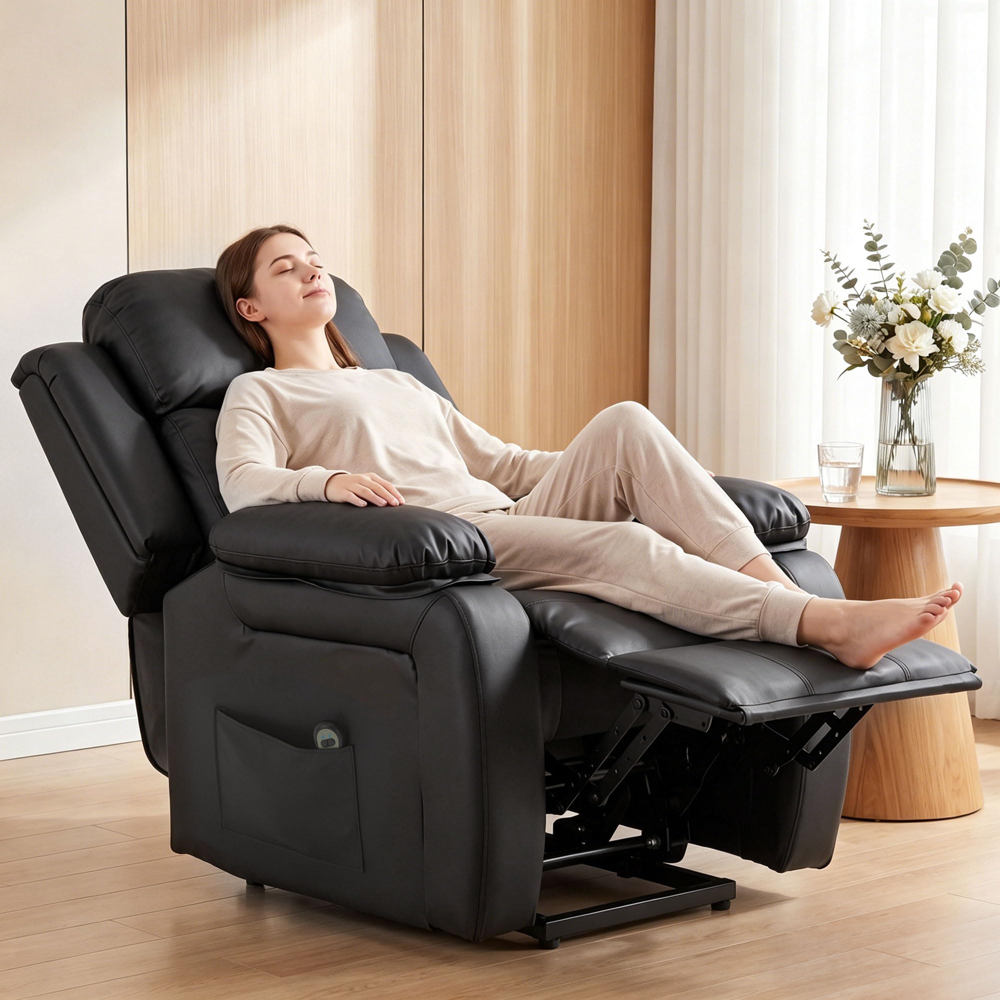 HOMCOM Fauteuil releveur électrique, Fauteuil Relax électrique avec Repose-Pied, Dossier inclinable, télécommande et Poches latérales, revêtement en PU, pour Personnes âgées, Noir