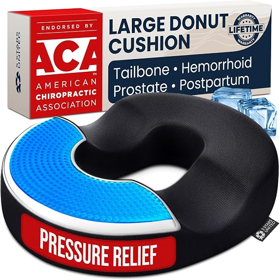 5 STARS UNITED Donut Pillow for Tailbone Pain & Hemorrhoids Large Memory Foam Seat Cushion with Cooling Gel Layer for Bed Sore-Prone Areas & Pressure Relief Black Mesh Cover