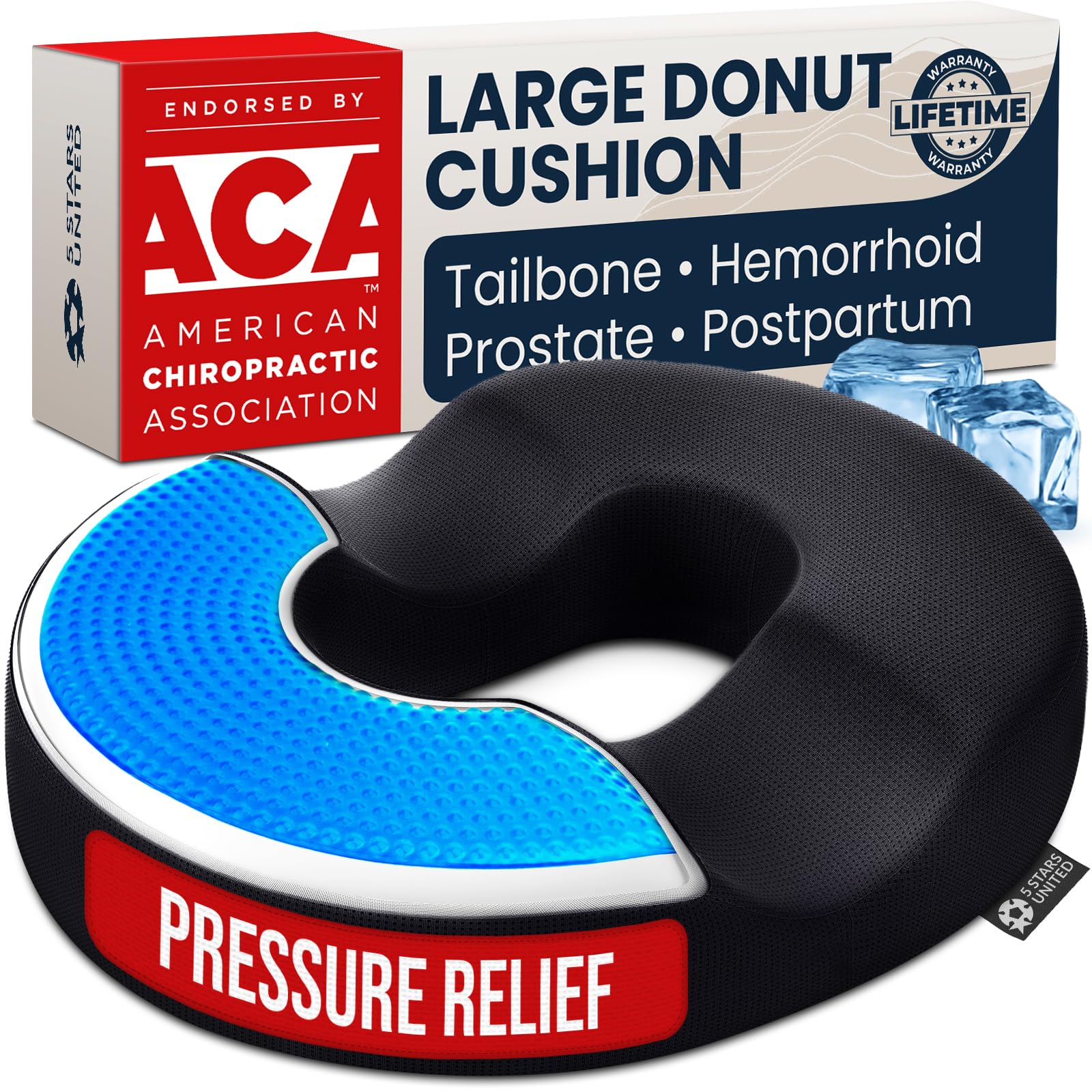 5 STARS UNITED Donut Pillow for Tailbone Pain &amp; Hemorrhoids – Large Memory Foam Seat Cushion with Cooling Gel Layer for Bed Sore-Prone Areas &amp; Pressure Relief – Black Mesh Cover