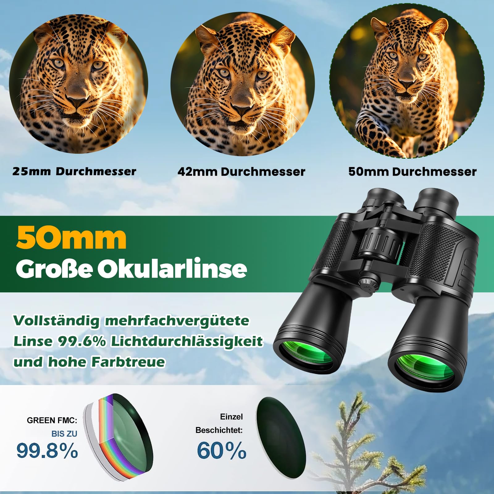 20x50 Fernglas für Erwachsene, Vogelbeobachtungs Ferngläser mit BAK4 Prism FMC-Objektiven - 26mm Großes Okular Clear View Fernglas, Objektiv für Vogelbeobachtung,Sport,Wandern,Reisen