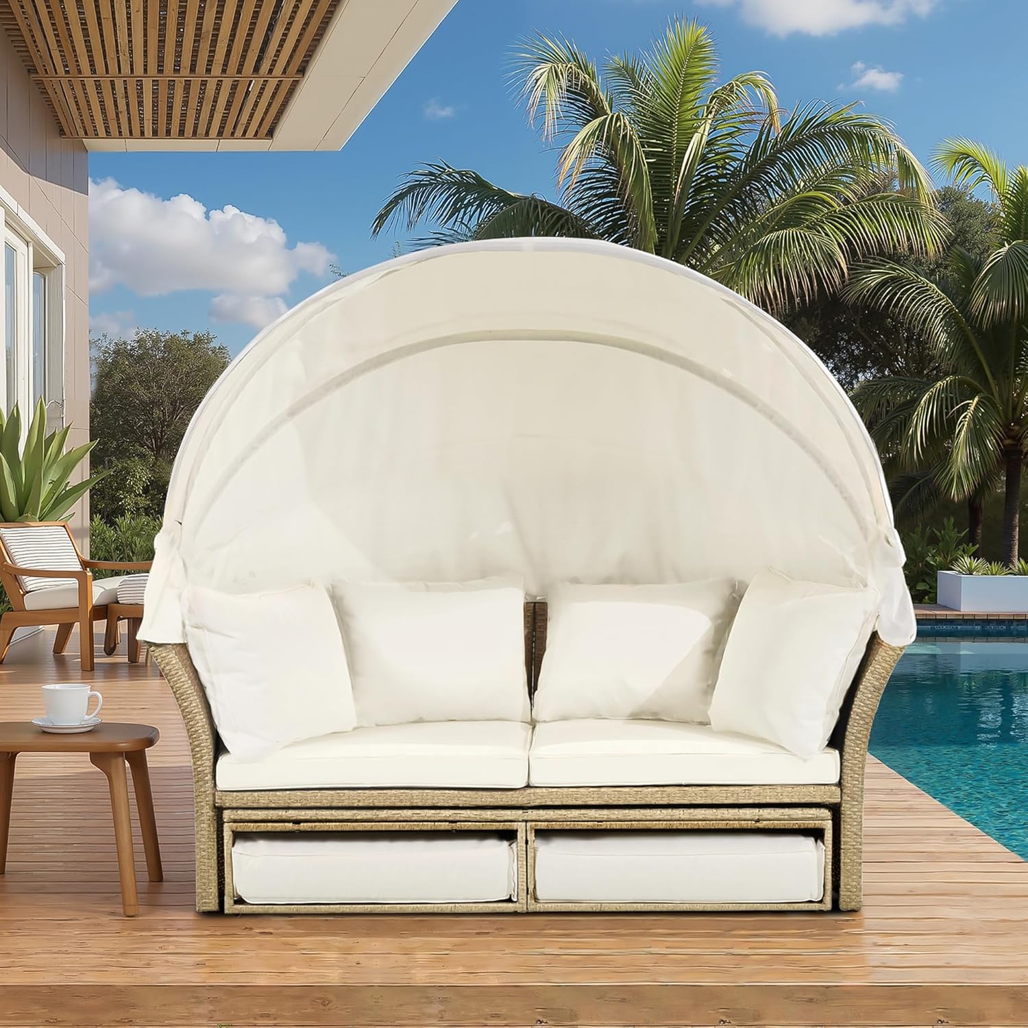 P PURLOVE Outdoor Canopy Bed Patio Daybed with 4 Pillows, Wicker Rattan Double Daybed Round Sofa Furniture Set with Retractable Canopy, 2-Person Outdoor Patio Bed for Lawn, Garden, Backyard (Beige)
