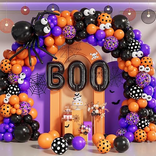Kit de arco de guirnalda de globos de Halloween con globos de araña, globos de confeti negro, naranja, morado, globos de papel de aluminio para