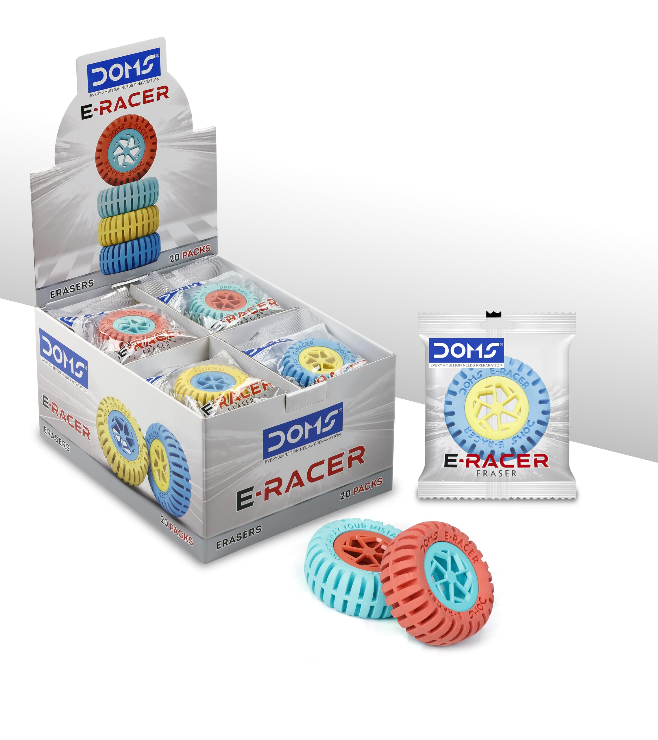 DOMS E-Racer Erasers Pack of 20| Round Shape for Better Grip| for Neat & Clean Erasing| Best Birthday Gift for Children| Non-Toxic & Safe for Children-image-34