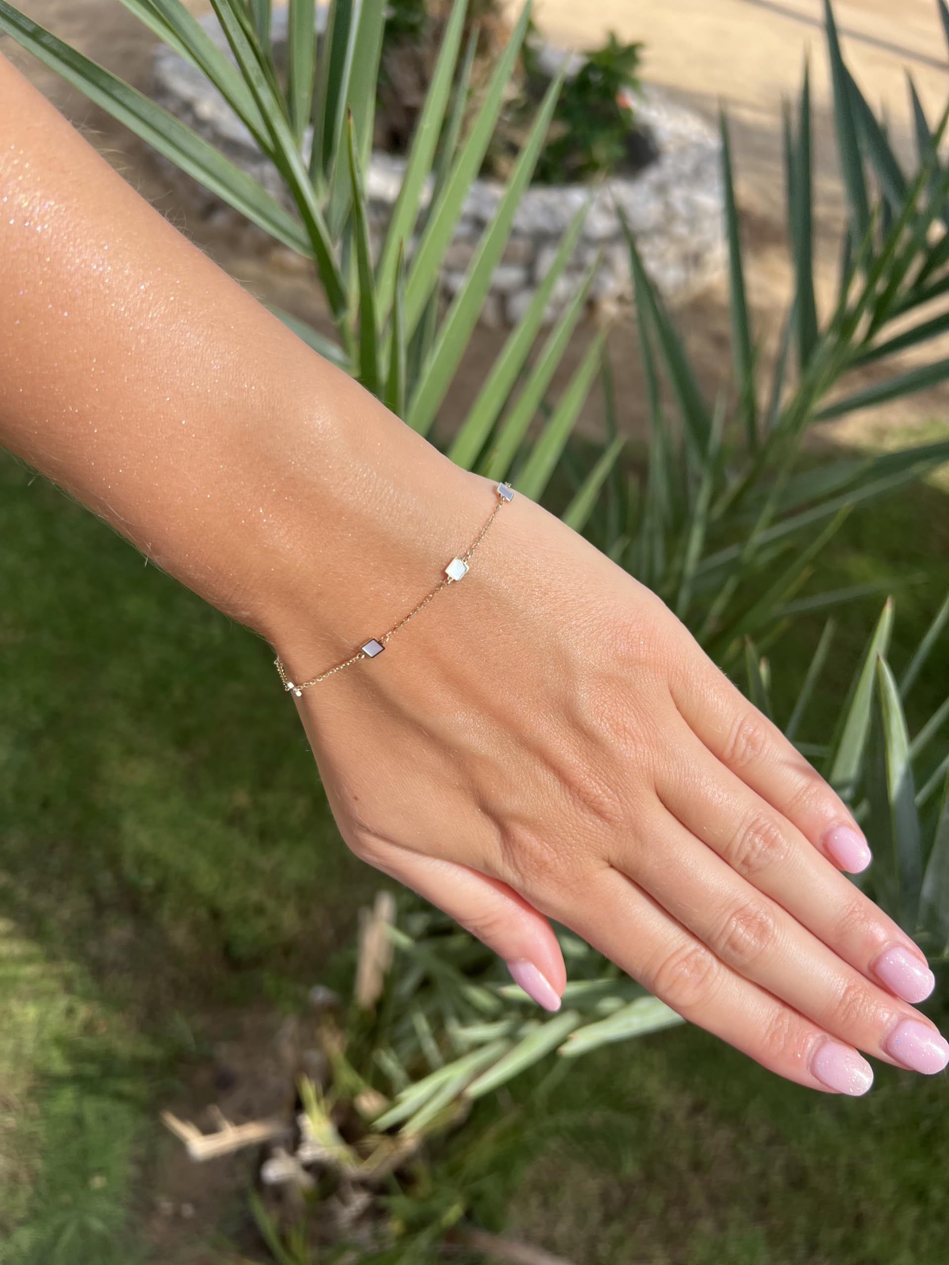 Rodium - Goldkette set mit Perlmutt-Quadrate, Einstellbar, 14 Karat Gold/ 585er Feingehalt, Ideales Geschenke für Damen