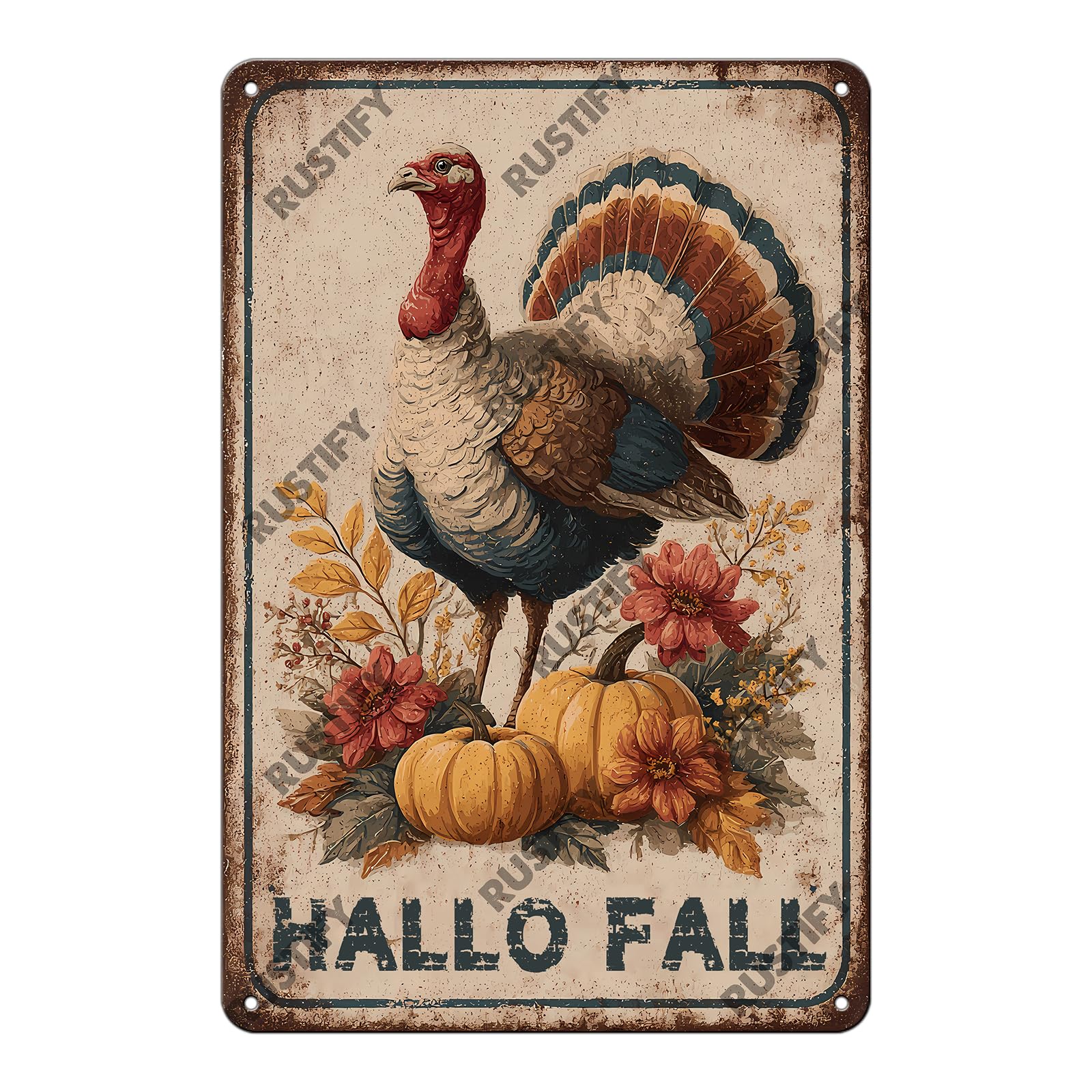 Anceky Retro Tin Sign Happy Thanksgiving Turkey Metal Sign Wall Decor for Kitchen Home Bar Cafe Garage 12×16 Inch