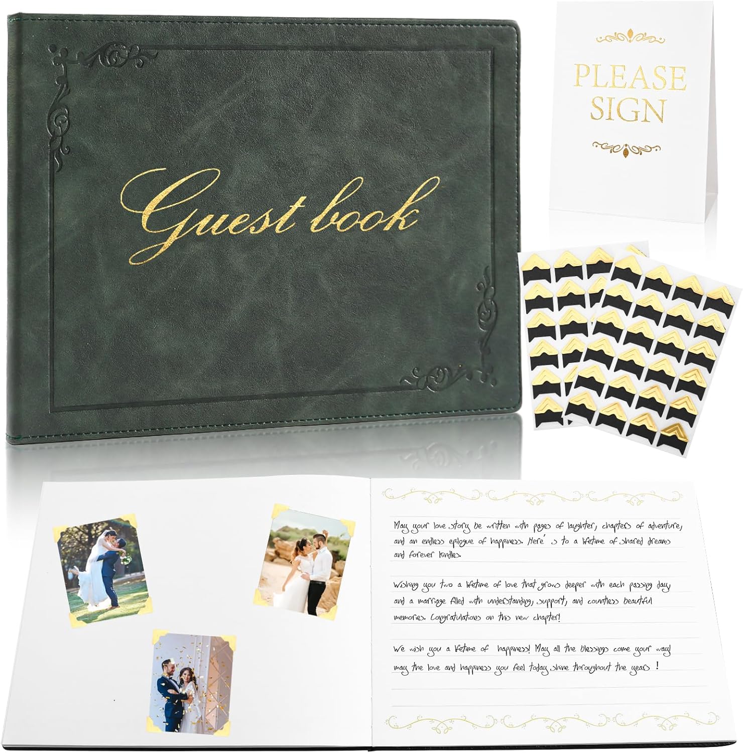8x10 Inch Wedding Guest Book - 120 Blank & Lined Pages, Gold Foil PU Leather Hardbound Cover, Durable Sewn Binding, Green