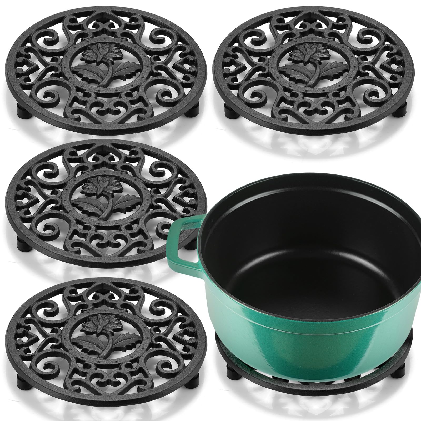 LEIFIDE Untersetzer aus Gusseisen mit Heringen, 13 cm, rund, Metalluntersetzer mit Vintage-Muster, rostfrei, hitzebeständig, für heiße Topfplatten, Ständer, Matte für Küche, Esstisch, Schwarz, 4 Stück