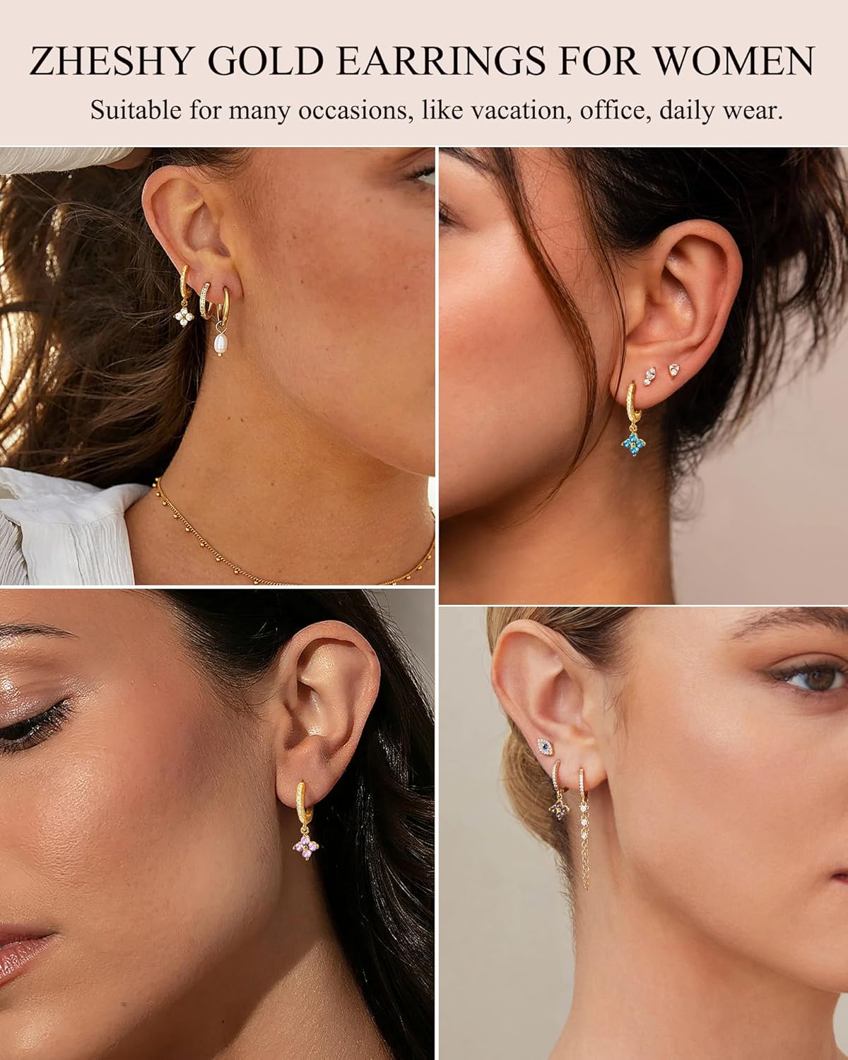 Birthstone Dangle Earrings for Women 14K Gold Plated Huggie Earrings 925 Sterling Silver Post Trendy Clover CZ Drop Earrings Hypoallergenic Womens Birthday Valentine's Day Gifts - Image 4