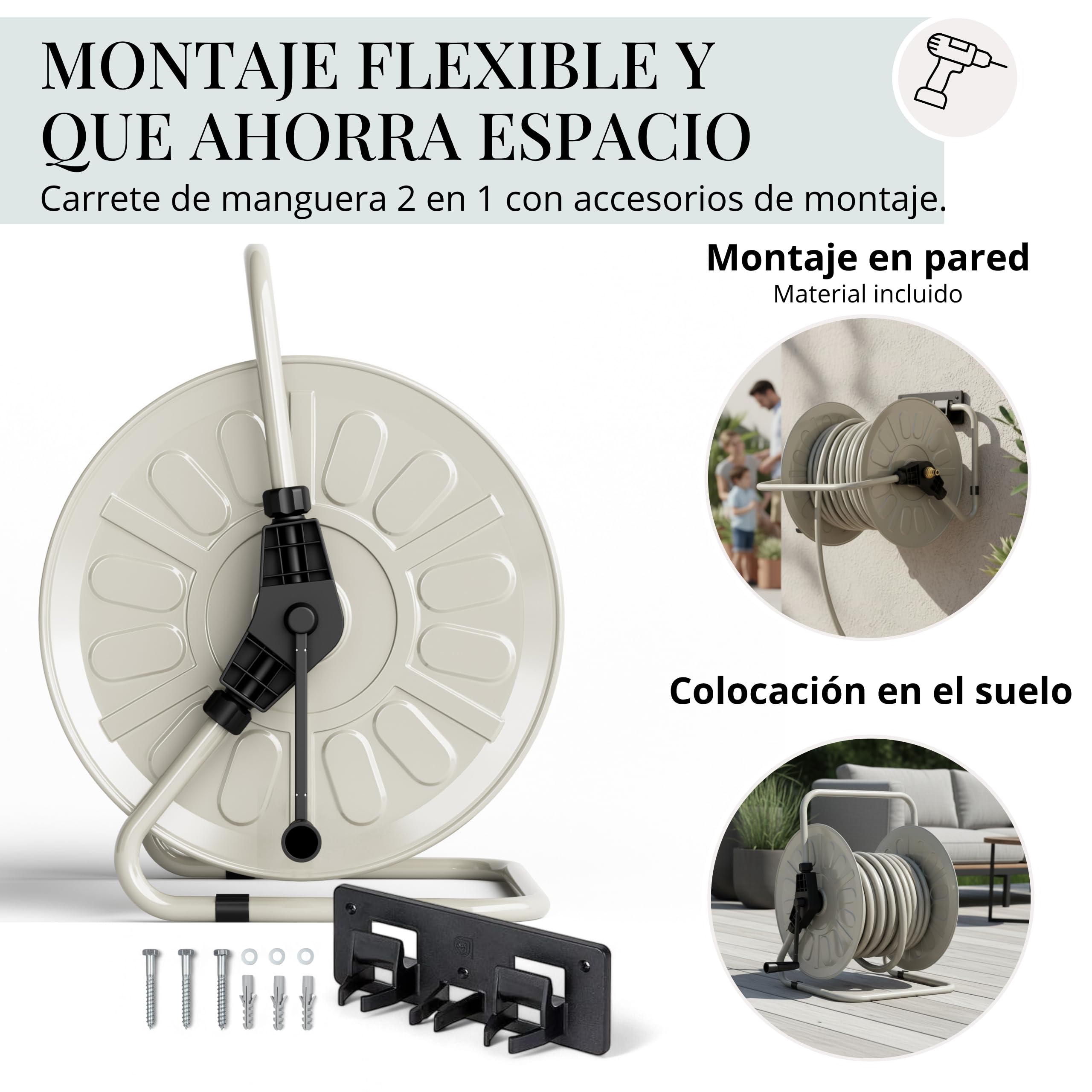 Livlig53 LIVLIG - Carrete de manguera de metal con recubrimiento en polvo, fabricado en Italia, soporte para manguera de jardín de hasta 50 m, montaje en pared y suelo, Greige