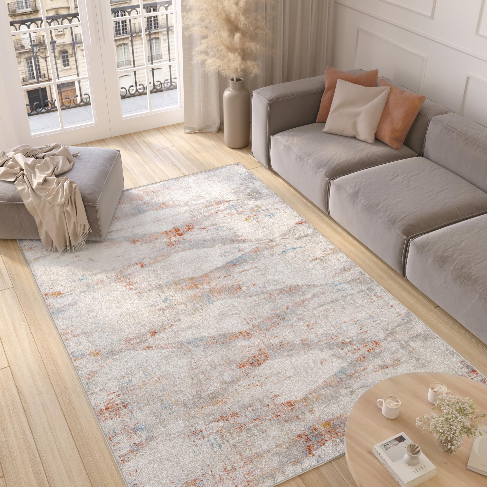 TAPISO Valley Tapis Poil Court Moderne Vintage Saumon Bleu Crème Gris Moucheté Motif Abstrait Tapis Salon Chambre Adulte Salle à Manger Bureau Oeko-TEX Résistant 80 x 150 cm