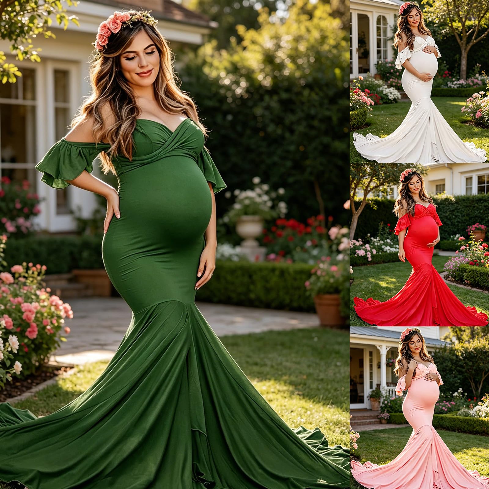 Elegante vestido de maternidad, vestido largo de algodón con dobladillo de arrastre y mangas con volantes para sesión de fotos y ropa de maternidad para invitados de boda