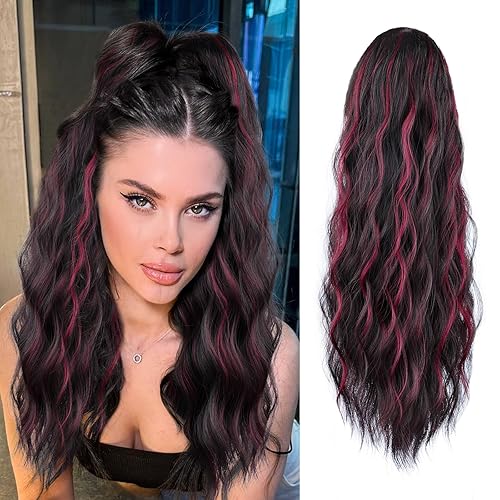 Miniatura 1 de Extensión de cola de caballo de 22 pulgadas, color negro mixto burdeos, extensión de cola de caballo larga ondulada con cordón para mujer, extensión