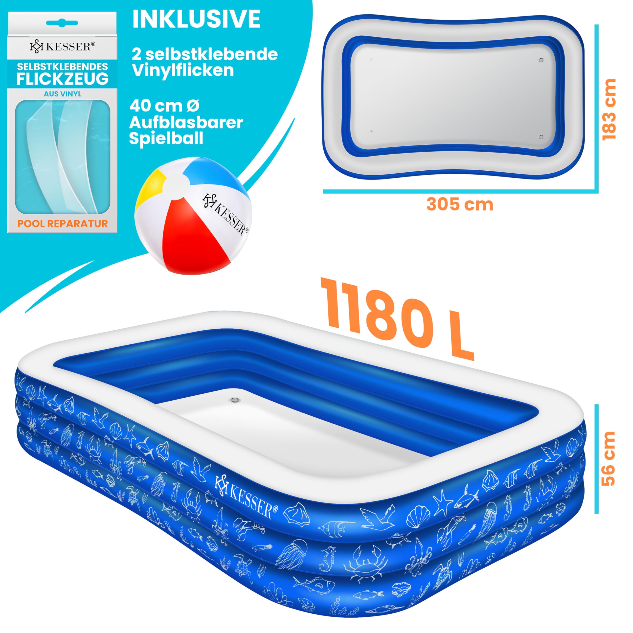 KESSER® Piscine gonflable familiale pour enfants et adultes Piscine de jardin Piscine familiale Piscine d'été 305 x 183 x 56 cm Pataugeoire 1180 l Convient aux enfants Avec kit de réparation et balle