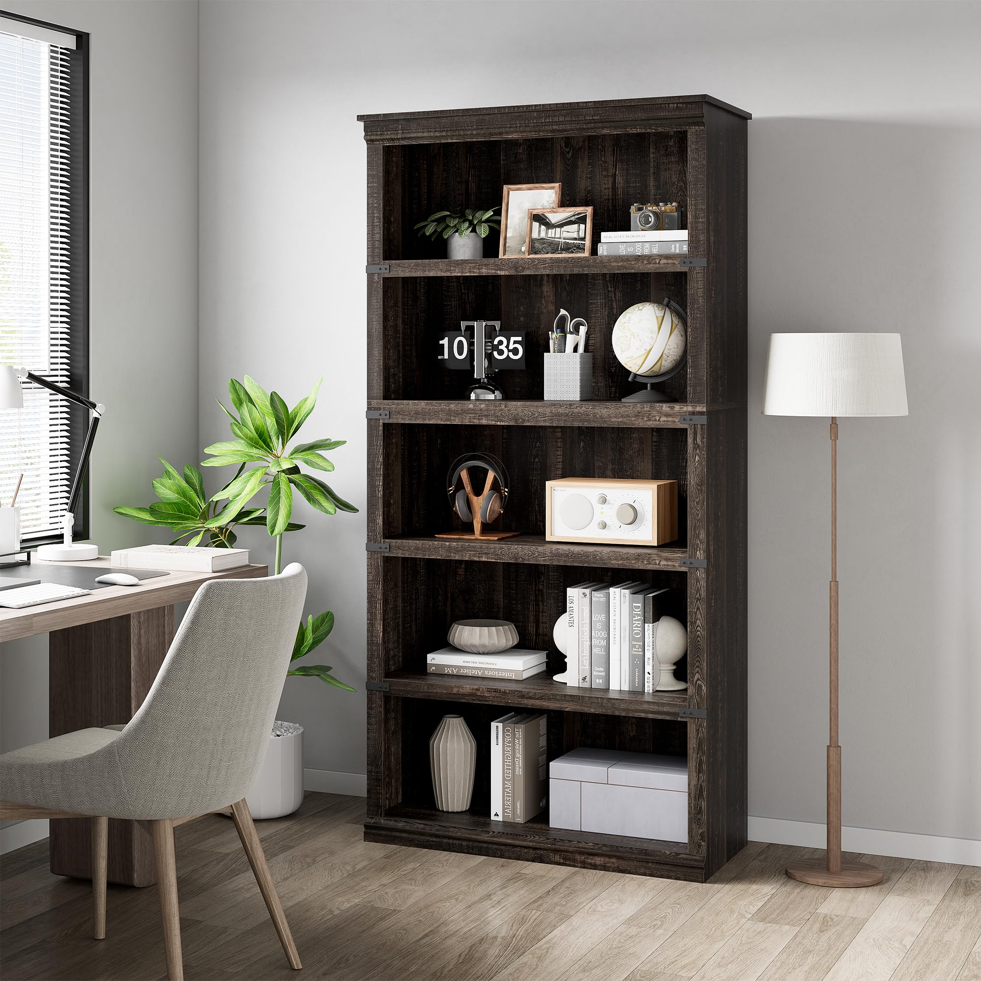 Zstar Librería de 5 Niveles Estanterías de Madera,Granja Moderno con Almacenamiento para Despacho, salón Dormitorio,80x32x171 cm Roble Oscuro