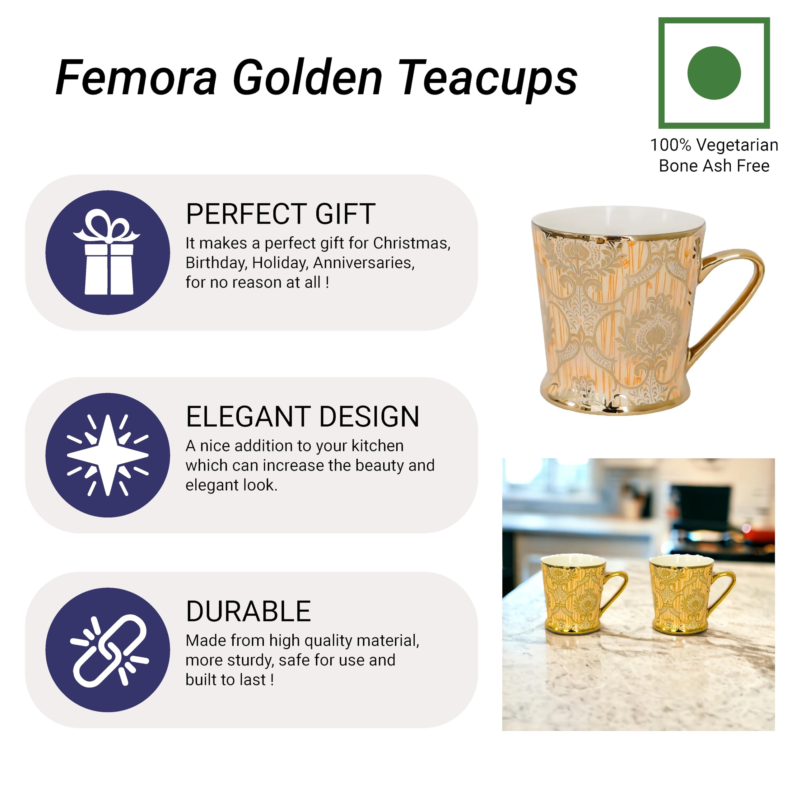 Femora Royal Gold Tea Cups - Set of 6 -9 Femora Royal Gold Tea Cups - Set of 6 -9