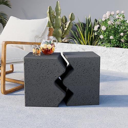 Miniatura 8 de COSIEST Mesa auxiliar de hormigón, mesa auxiliar rectangular para exteriores con asas de cuerda de cáñamo, mesa auxiliar de patio de 15 pulgadas,