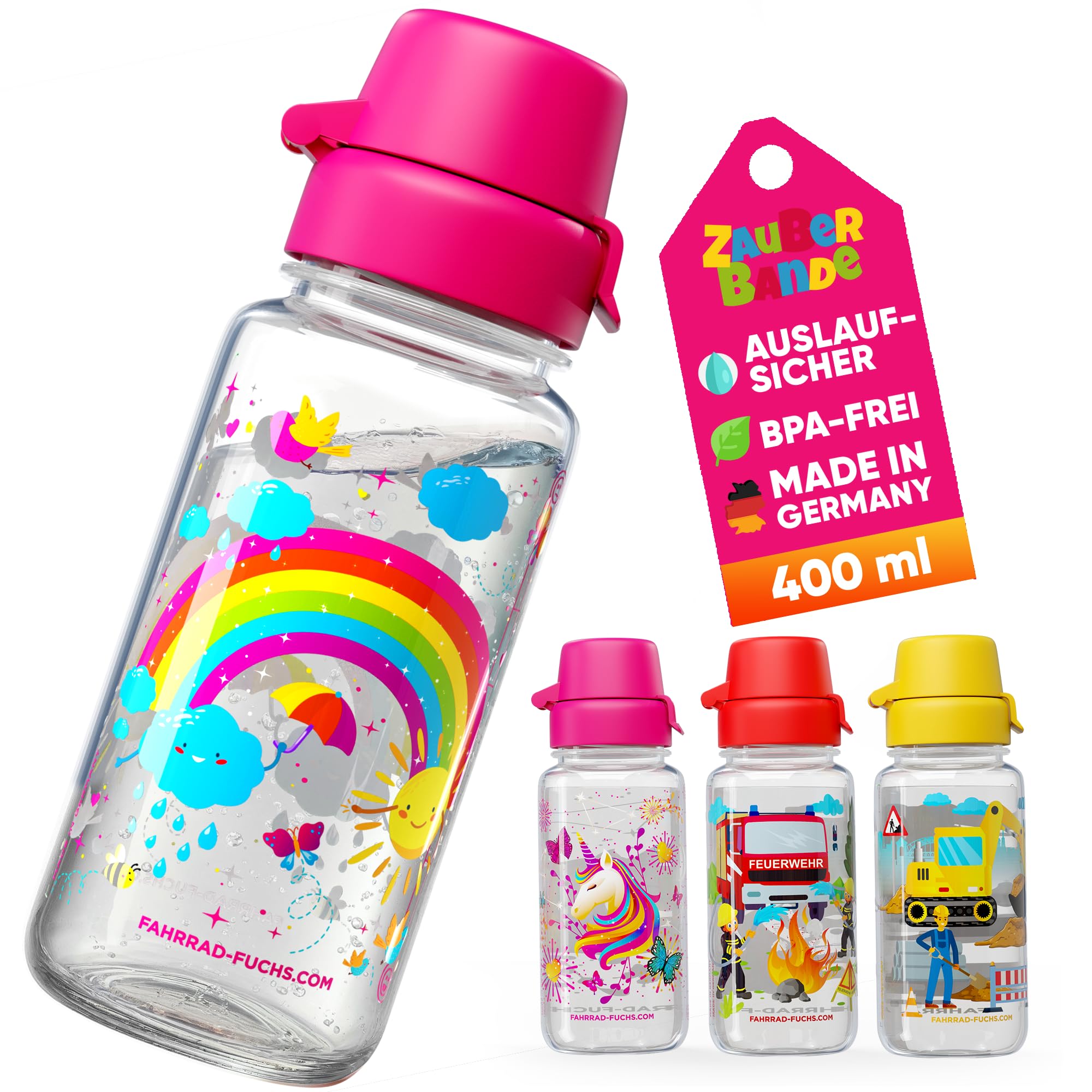 Trinkflasche Kinder auslaufsicher – 400 ml – Kinder Trinkflasche Kohlensäure geeignet, BPA frei aus Tritan, spülmaschinenfest – für Kindergarten und Schule – Einhorn, Regenbogen, Feuerwehr, Bagger