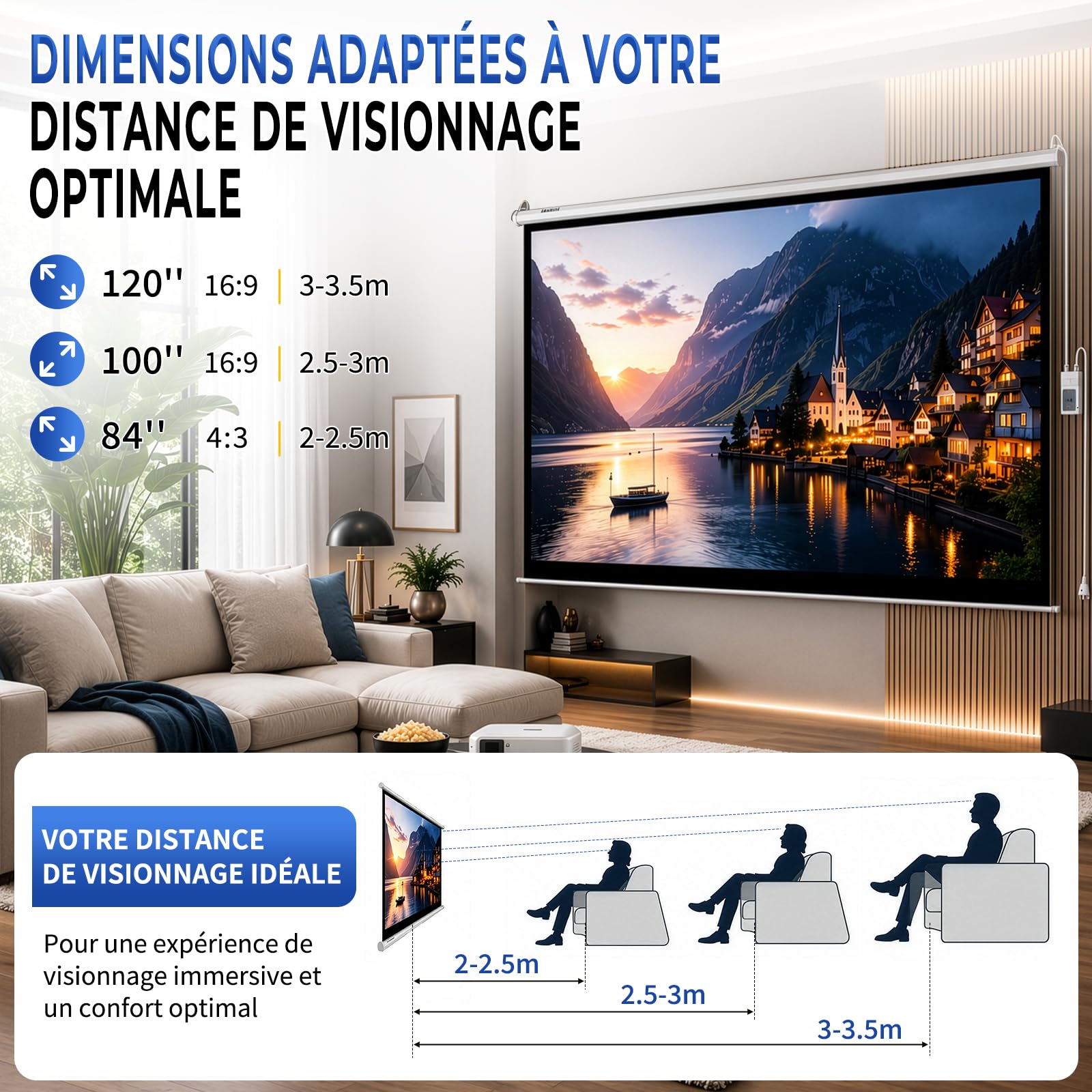 LEADZM Ecran Videoprojecteur Motorisé de Projection 84 Pouces 4:3 4K