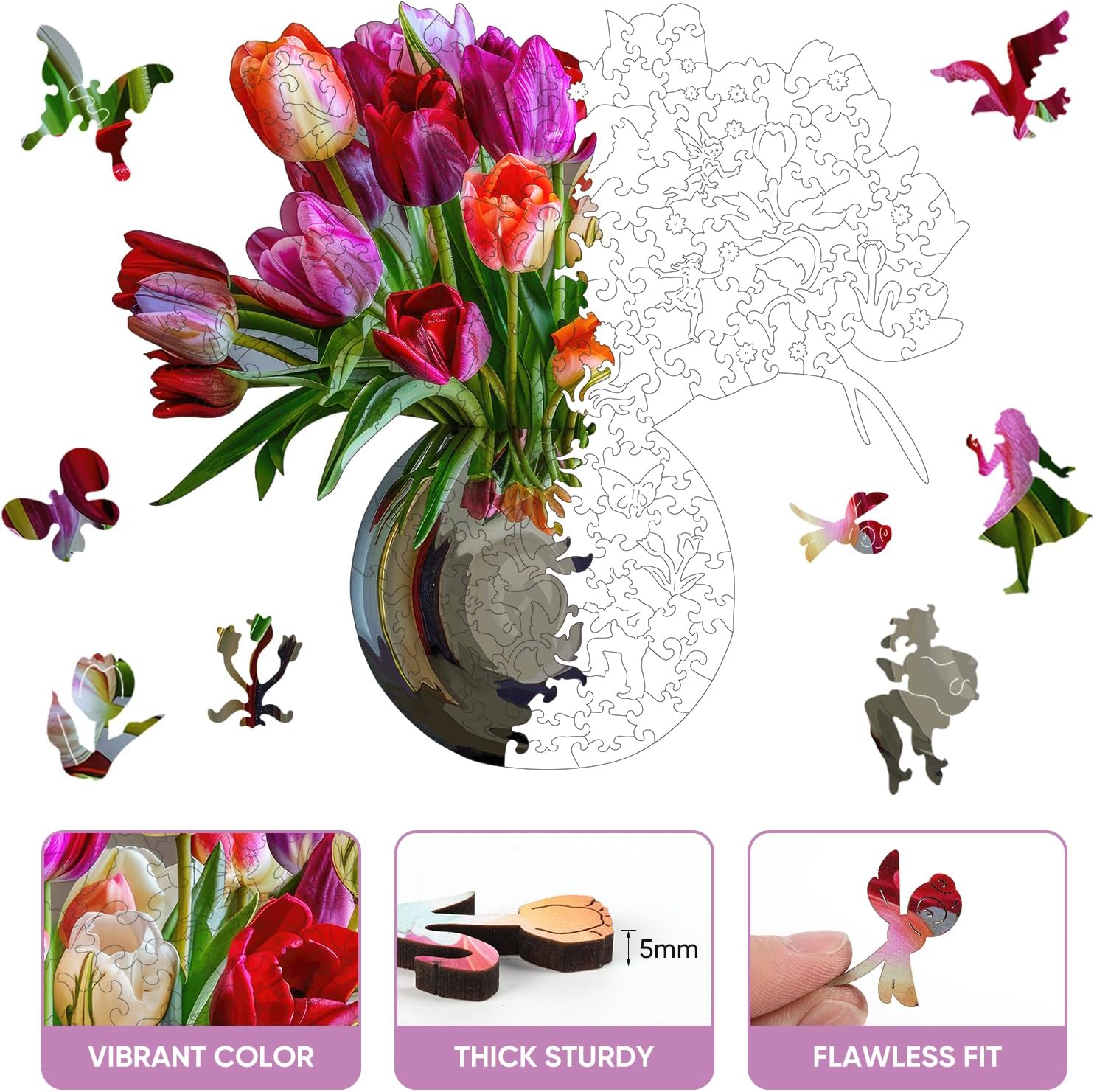Ruikiyart Mothers Day Puzzles, Puzzles for Adults, 200 Pieces Flower Wooden Jigsaw Puzzles, Floral Wood Puzzle Adult Unique Shaped for Family Puzzle Games (11.1"*12.4")