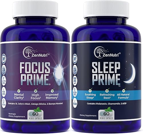 Focus Prime & Sleep Prime - Apoyo nootrópico óptimo y sueño reparador - Mejora la concentración durante el día, recarga con sueño profundo por la
