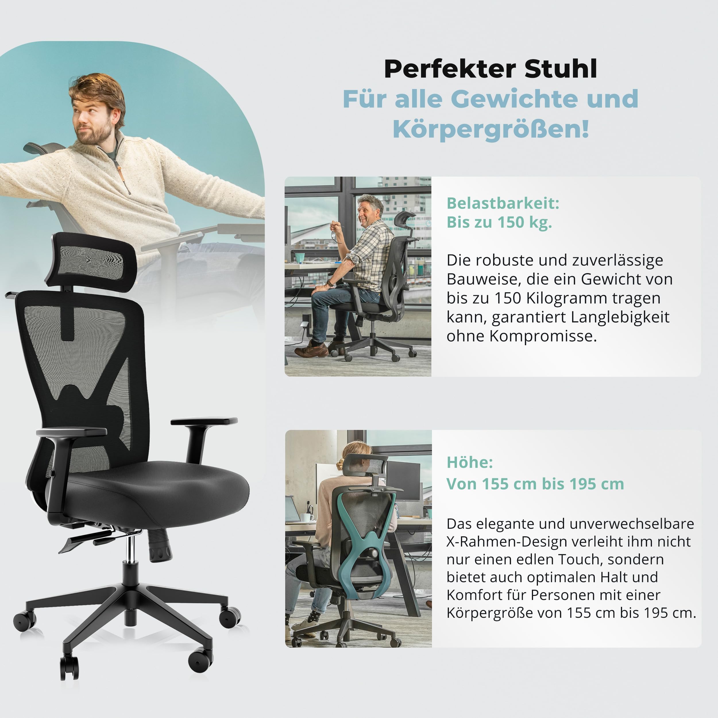 Backerz Bürostuhl Ergonomisch - Bürostühle 150kg, TUV & NEN 1335 Zertifiziert - Office Schreibtischstuhl - Chair - Ergonomischer Bürostuhl – Computerstuhl Höhenverstellbar & Rückenschonend – Schwarz