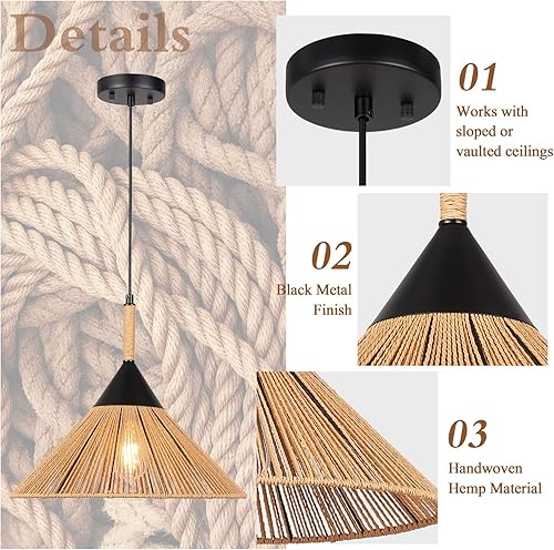 Miniatura 3 de Darkaway Lámpara colgante de ratán, estilo bohemio, de 16 pulgadas, grande, hecha a mano, lámpara colgante ajustable para casa de campo, lámpara de