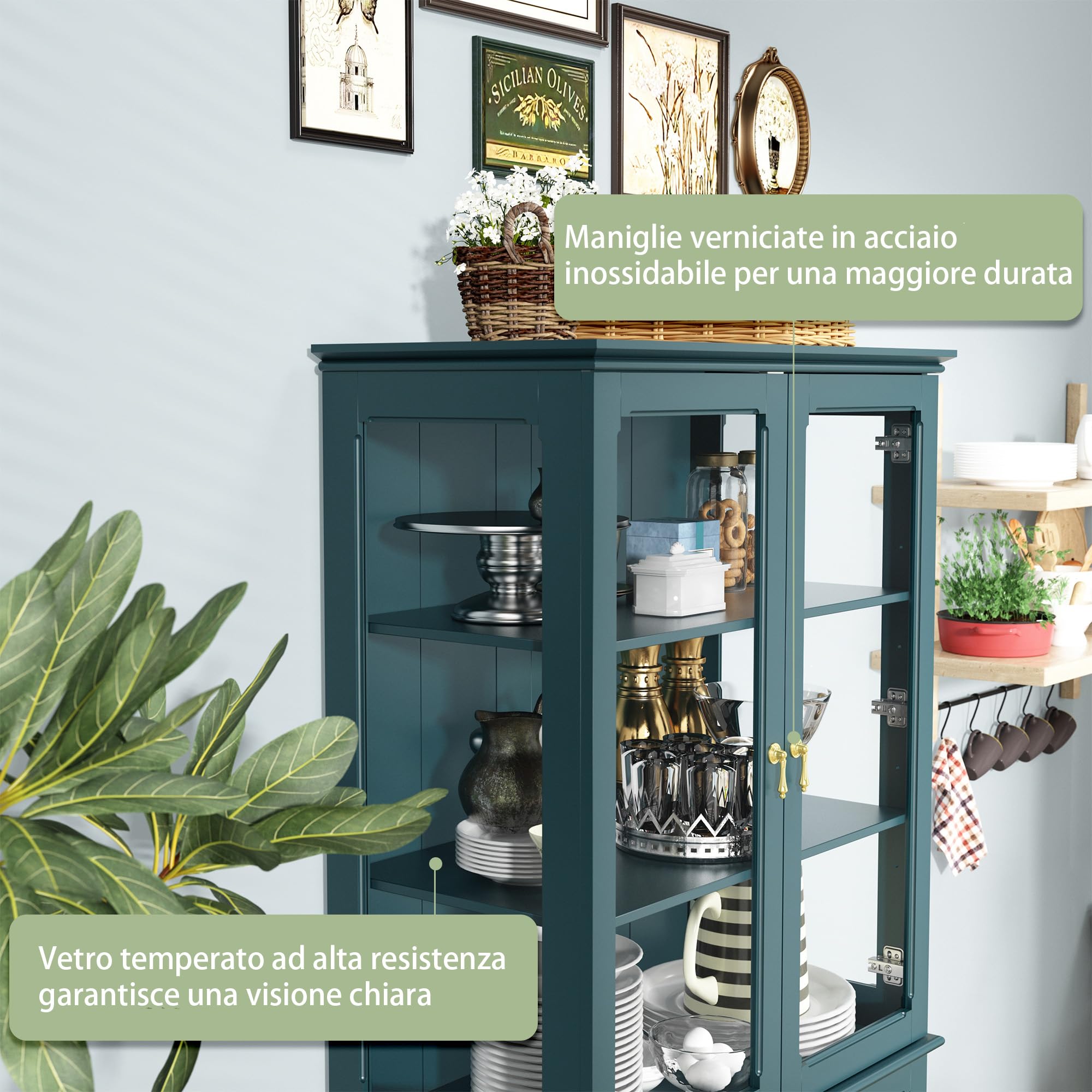 HOLTICO Vetrina Espositiva Soggiorno, Armadio Cucina Indipendente con Ante in Vetro e Legno, Cristalliera Classica con Ripiani Regolabili, Mobili Cucina per Collezionismo, Cucina e Soggiorno, verde