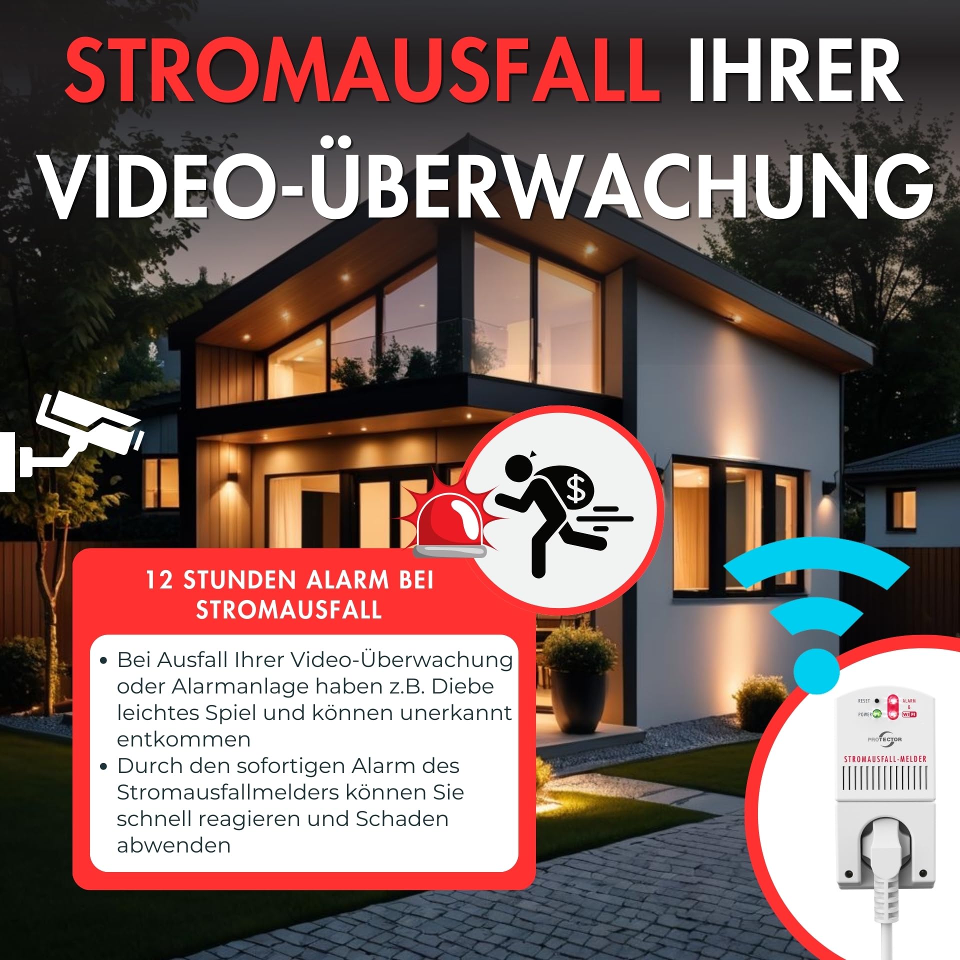 [Neu] Protector SAM-1010 Stromausfallmelder, 3500 Watt mit WiFi und App, Notstrom-gepuffert, 12 Stunden Alarm, Stromwächter für Stromausfall, Ideal für Gefrierschrank und Aquarium. Kühlschrankalarm