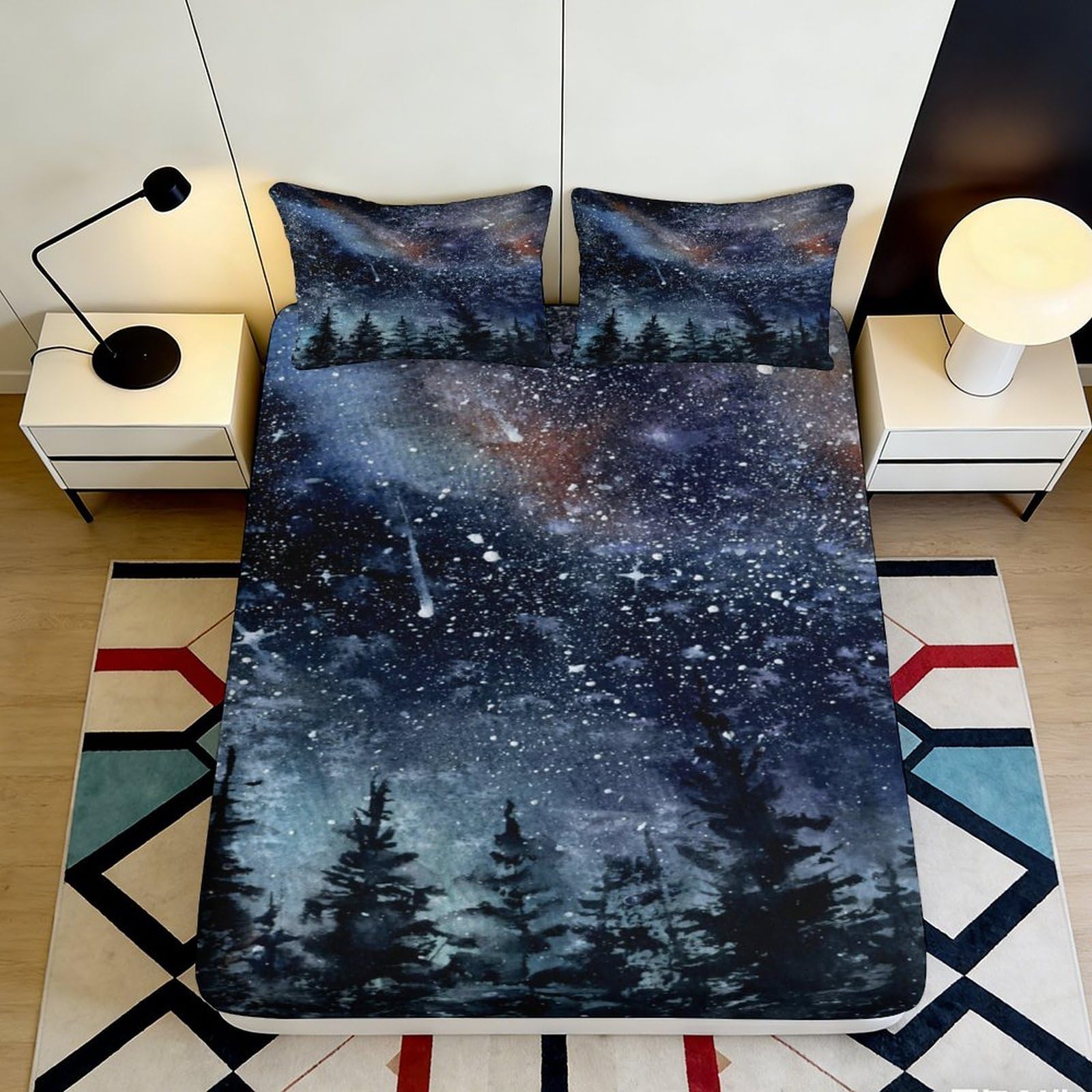 3D Printed Starry Forest Fitted Sheet Microfiber Deep Pocket Non-Slip Bedroom Bedding Starry Mattress Fitted Cover Washable Full Wrap 160x200x25cm