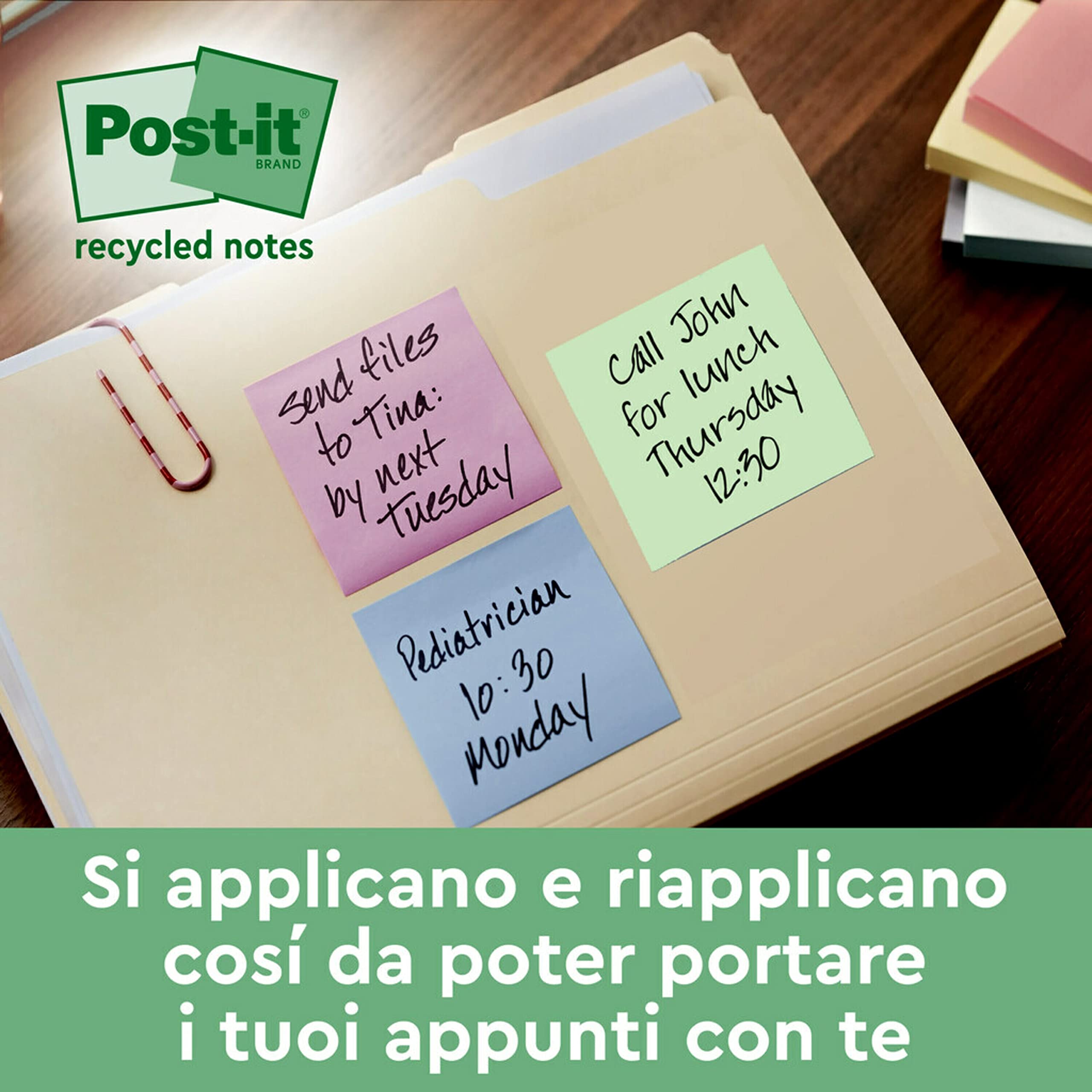 Post-it Foglietti Super Sticky Riciclati,14 Blocchetti + 4 GRATIS/Confezione,70 Fogli per Blocchetto, 76 mm x 76 mm,Rosa, Verde, Blu, Viola, Giallo Foglietti Super Adesivi in carta riciclata al 100%